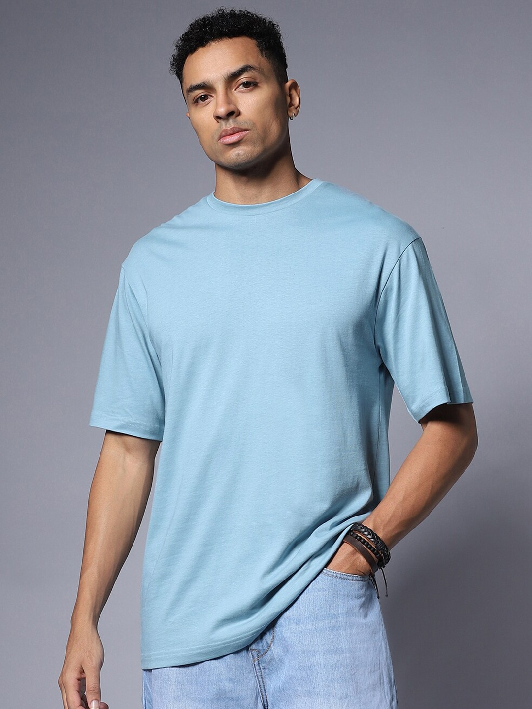 

High Star Round Neck Relaxed Cotton Short Sleeves T-shirt, Blue