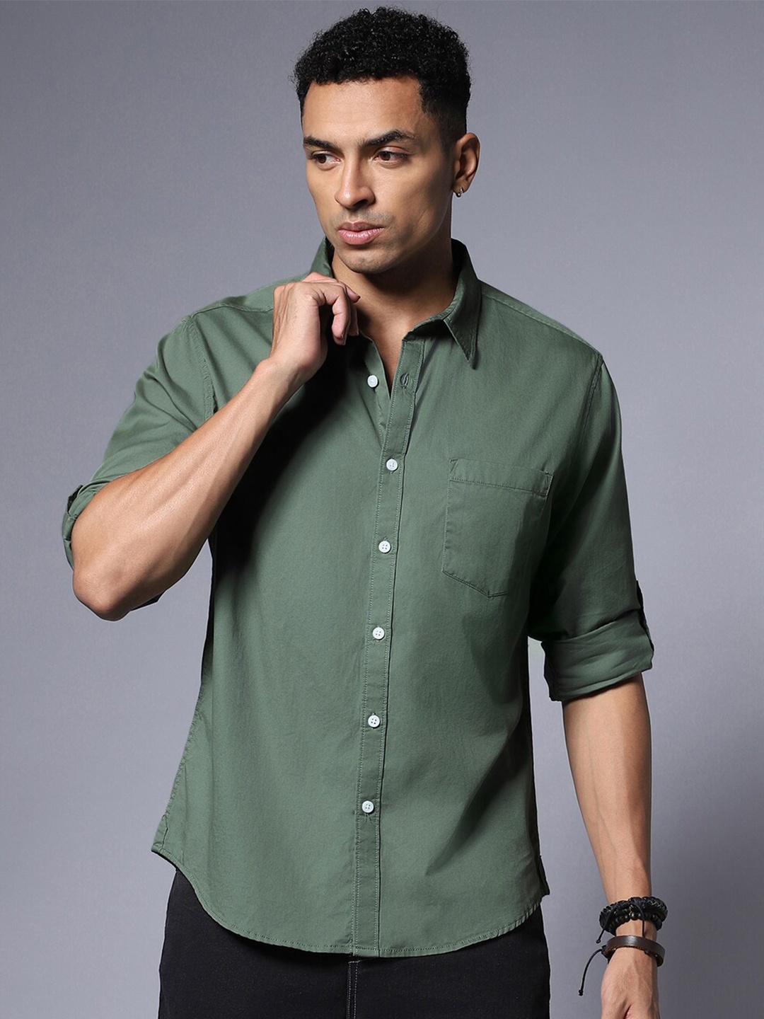 

High Star Solid Pure Cotton Casual Shirt, Green