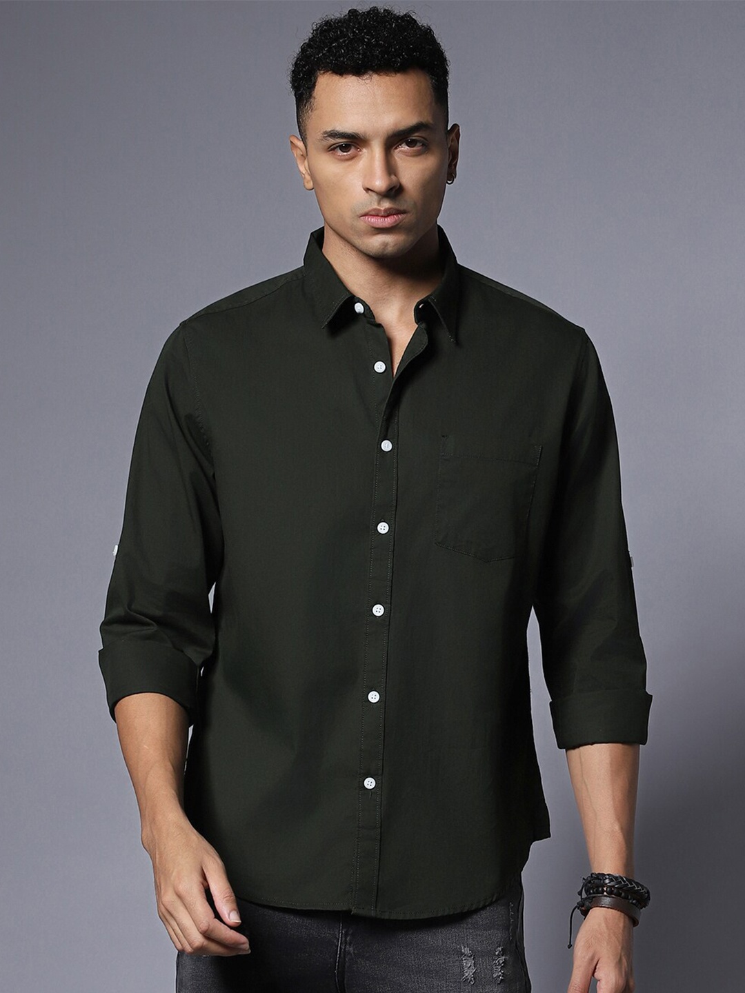 

High Star Solid Pure Cotton Casual Shirt, Green