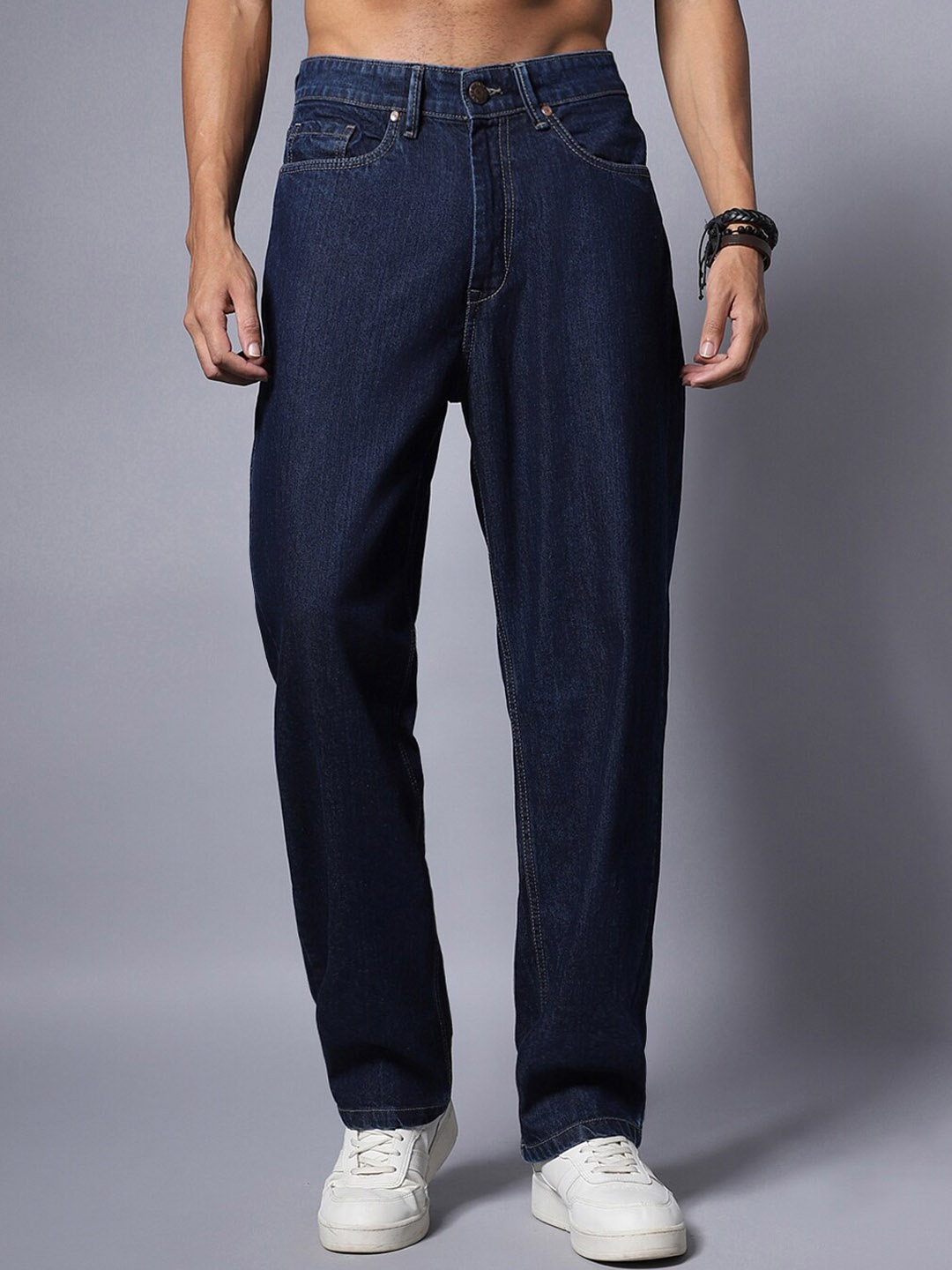 

High Star Pure Cotton Loose Wide Leg Mid Rise Jeans, Blue