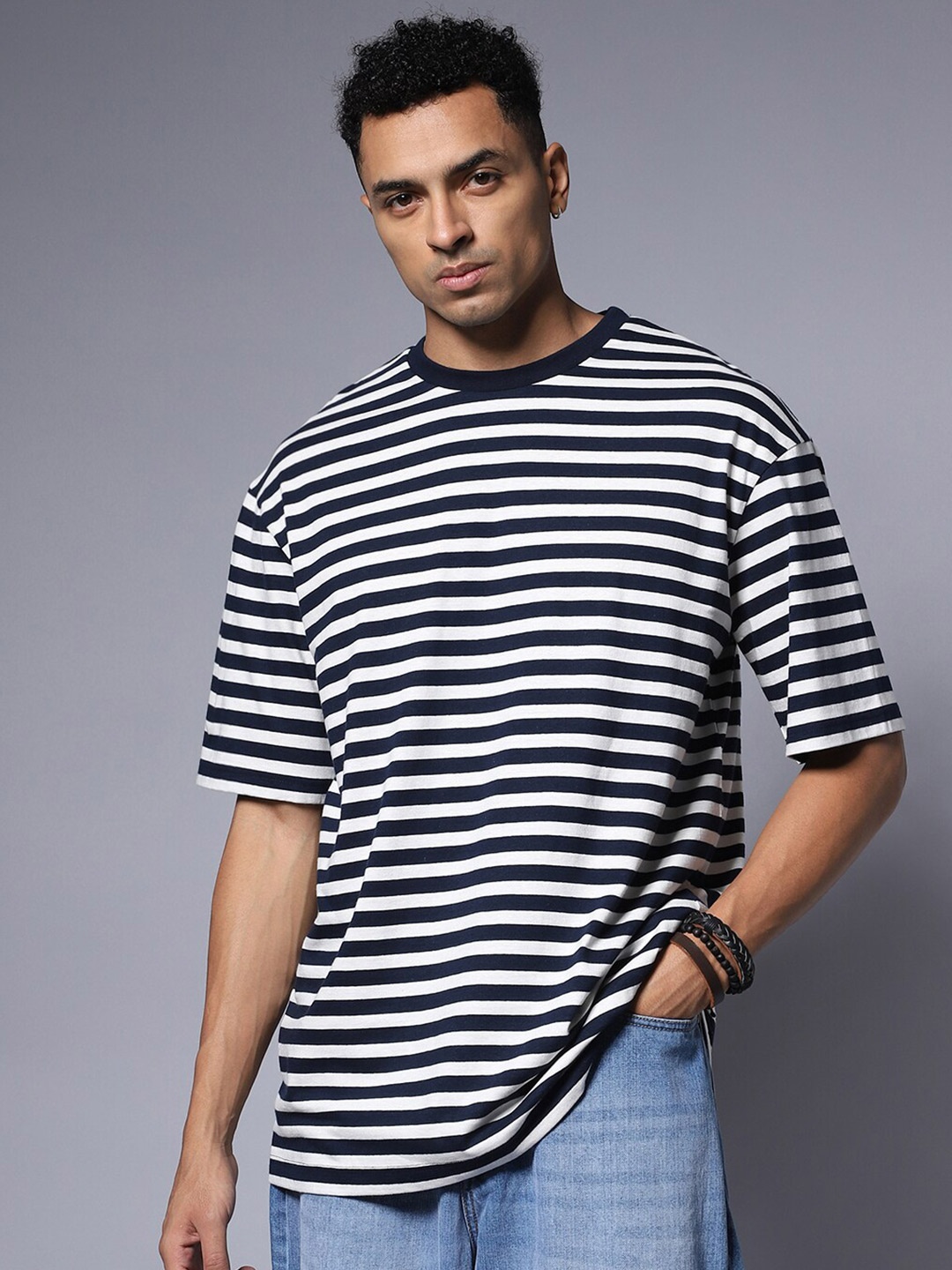 

High Star Round Neck Relaxed Pure Cotton Short Sleeve Tshirts, Blue