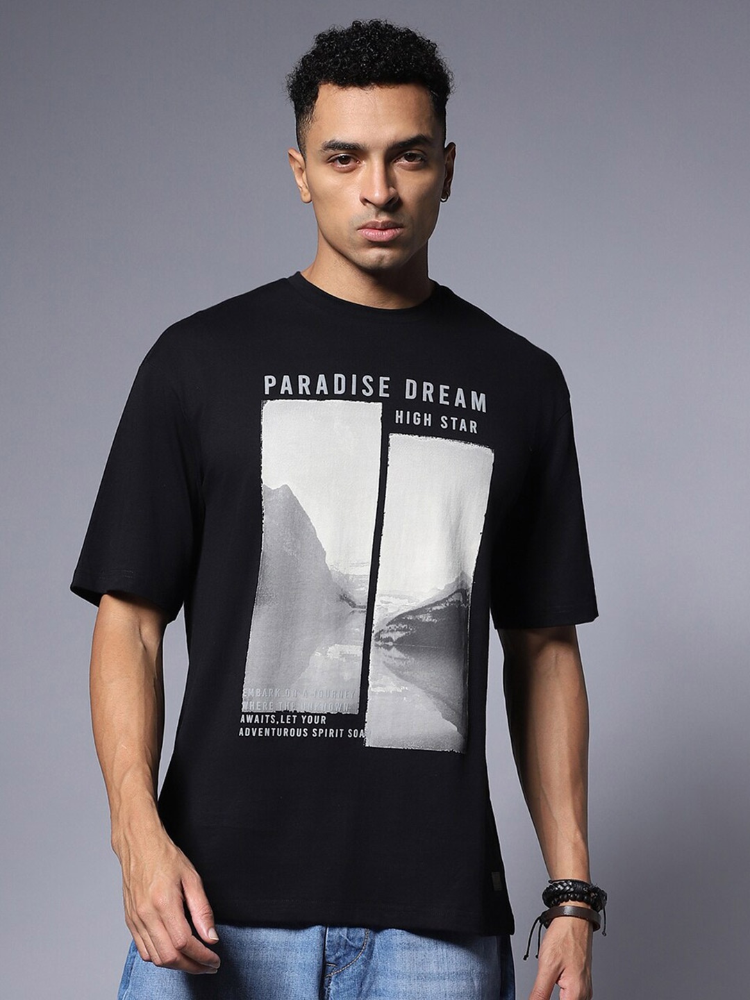 

High Star Round Neck Relaxed Pure Cotton Short Sleeve Tshirts, Black