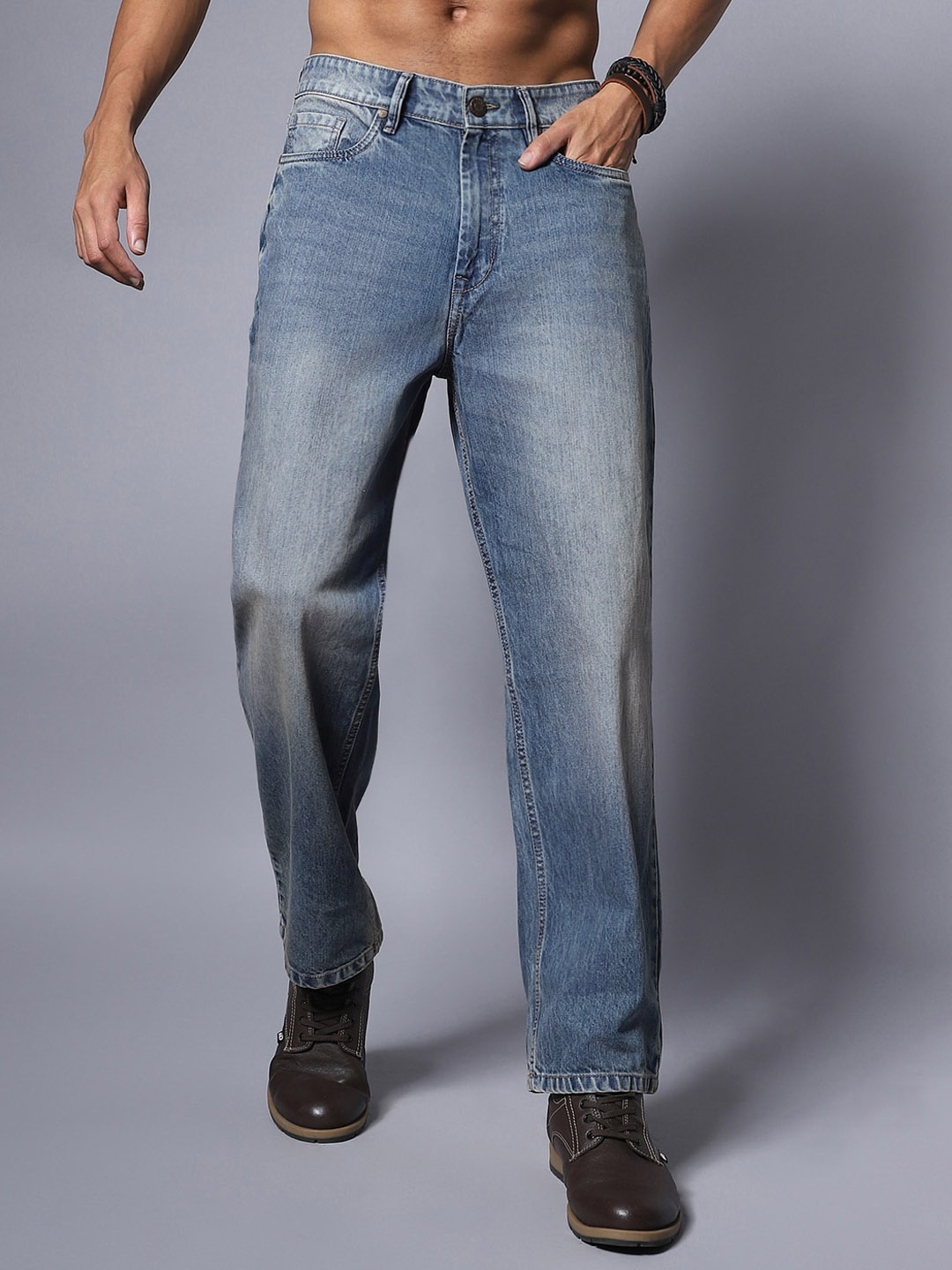 

High Star Pure Cotton Loose Wide Leg Mid Rise Jeans, Blue