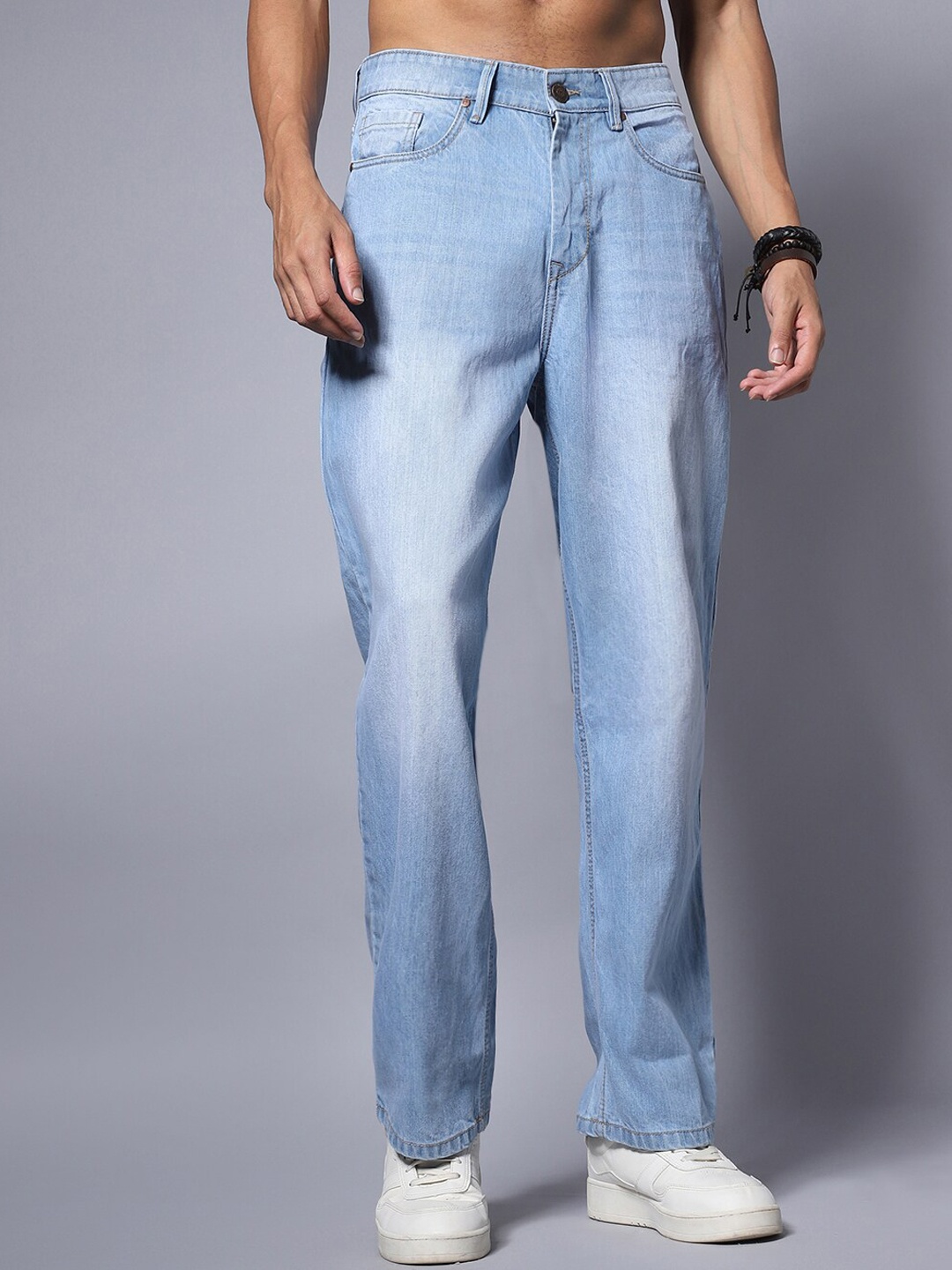 

High Star Cotton Loose Wide Leg Mid Rise Jeans, Blue