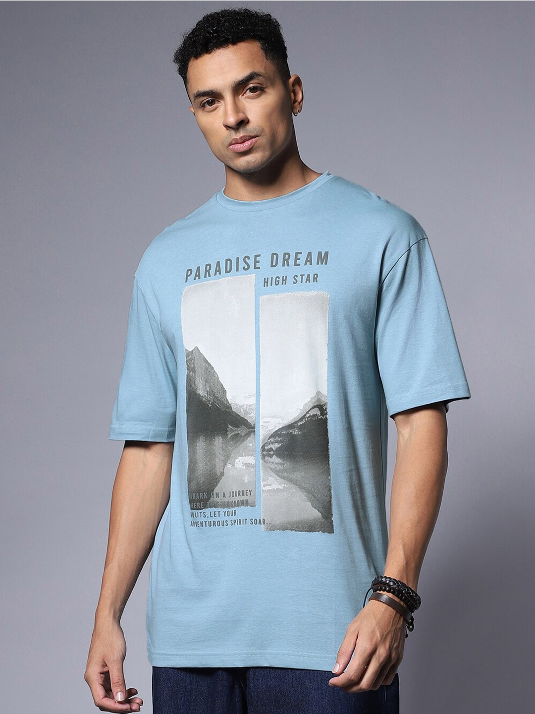 

High Star Round Neck Relaxed Pure Cotton short sleeve Tshirts, Blue