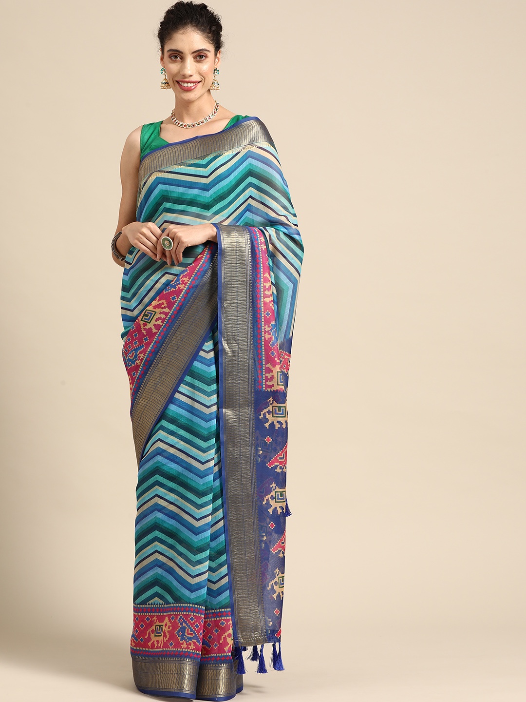 

Silk Land Leheriya Zari Silk Cotton Saree, Blue