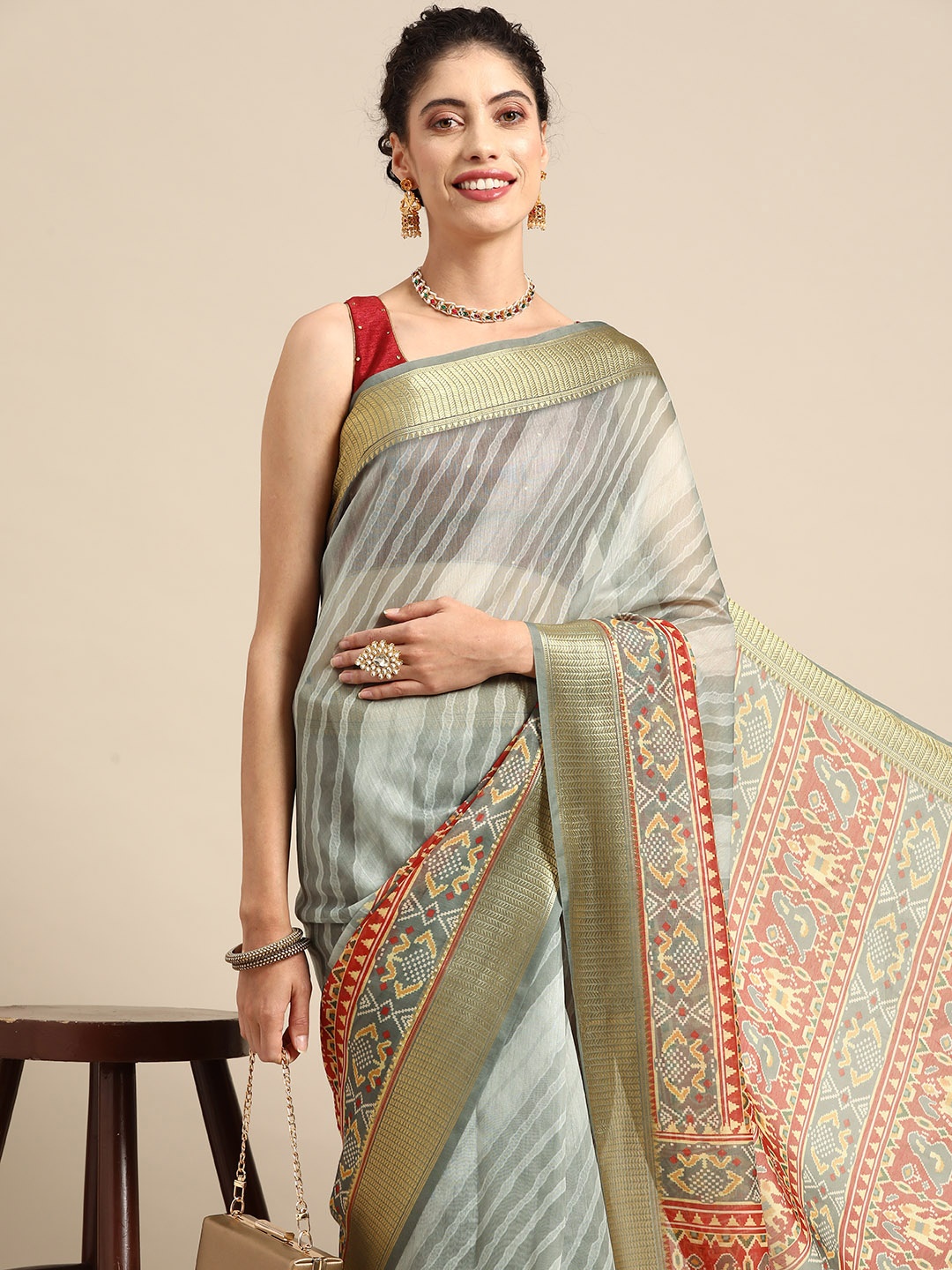 

Silk Land Leheriya Zari Silk Cotton Saree, Grey