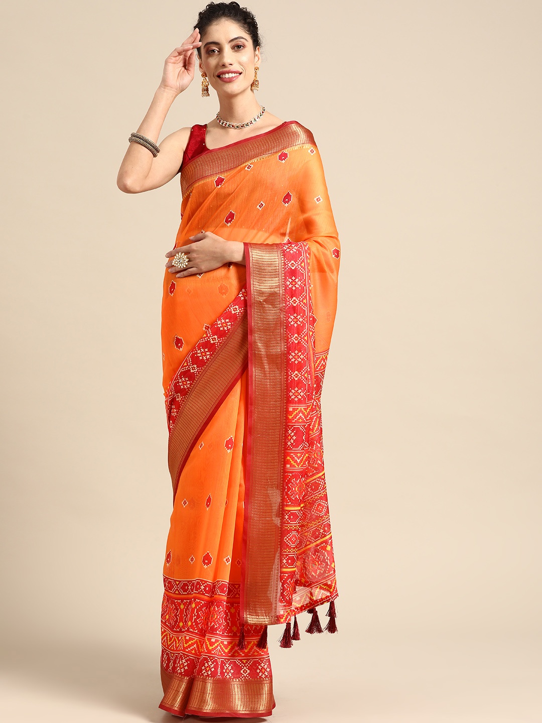 

Silk Land Ethnic Motifs Printed Zari Silk Cotton Saree, Orange