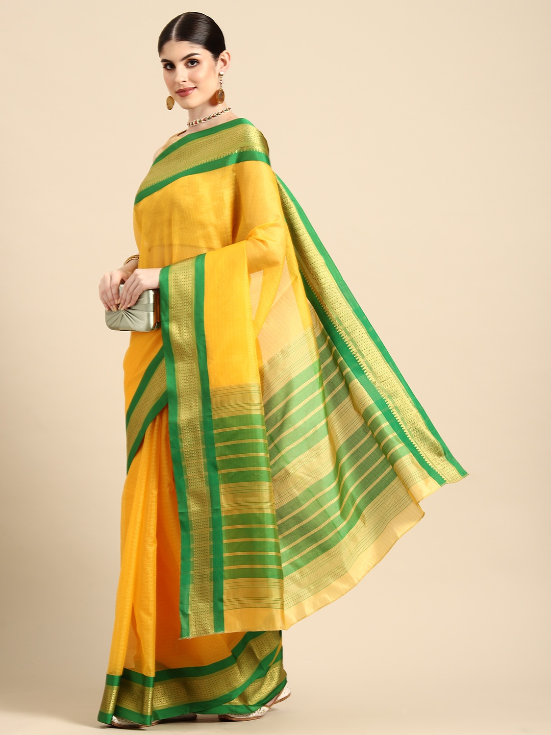 

Silk Land Checked Zari Muga Saree, Yellow