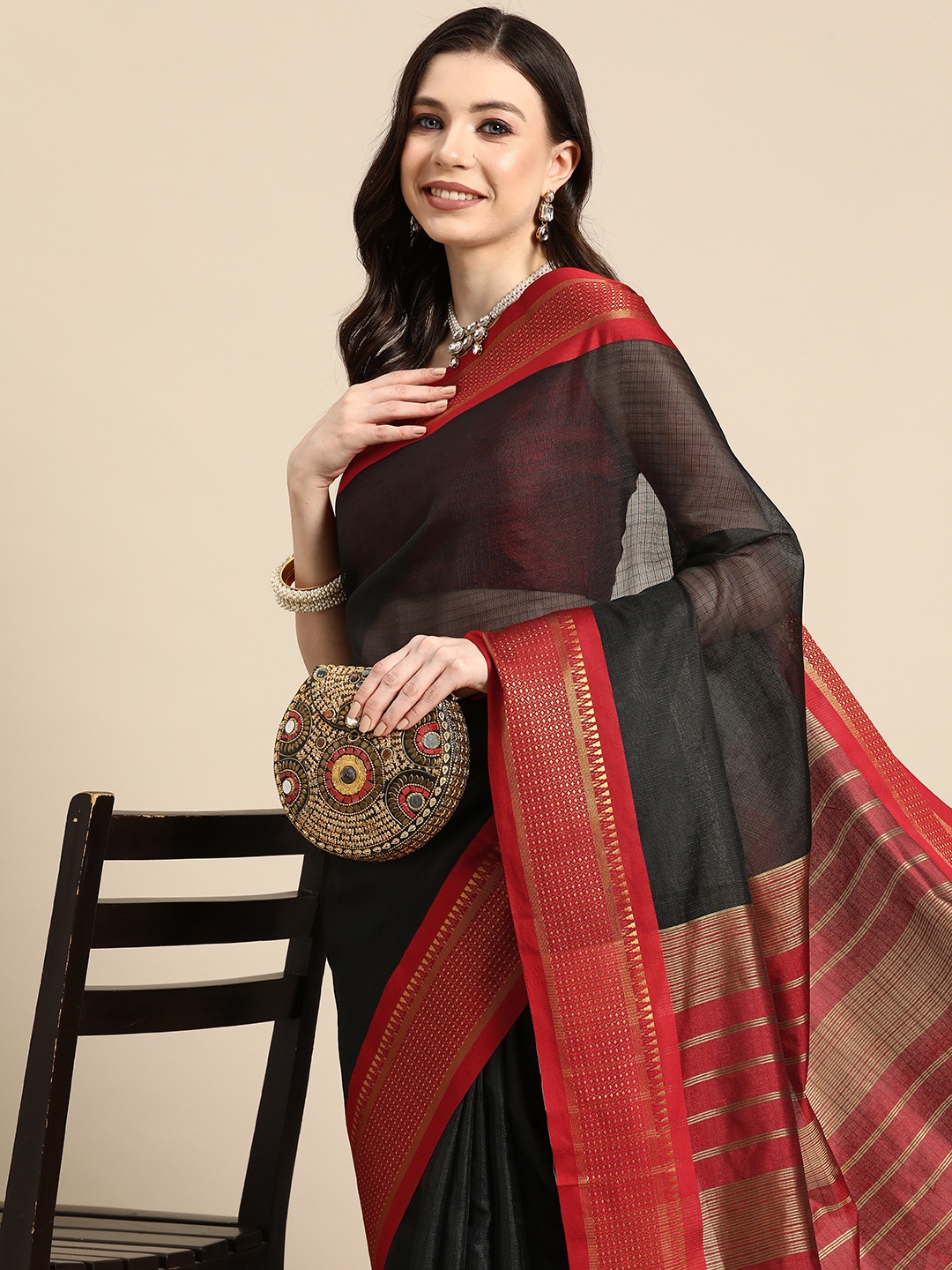 

Silk Land Checked Zari Silk Blend Muga Saree, Black