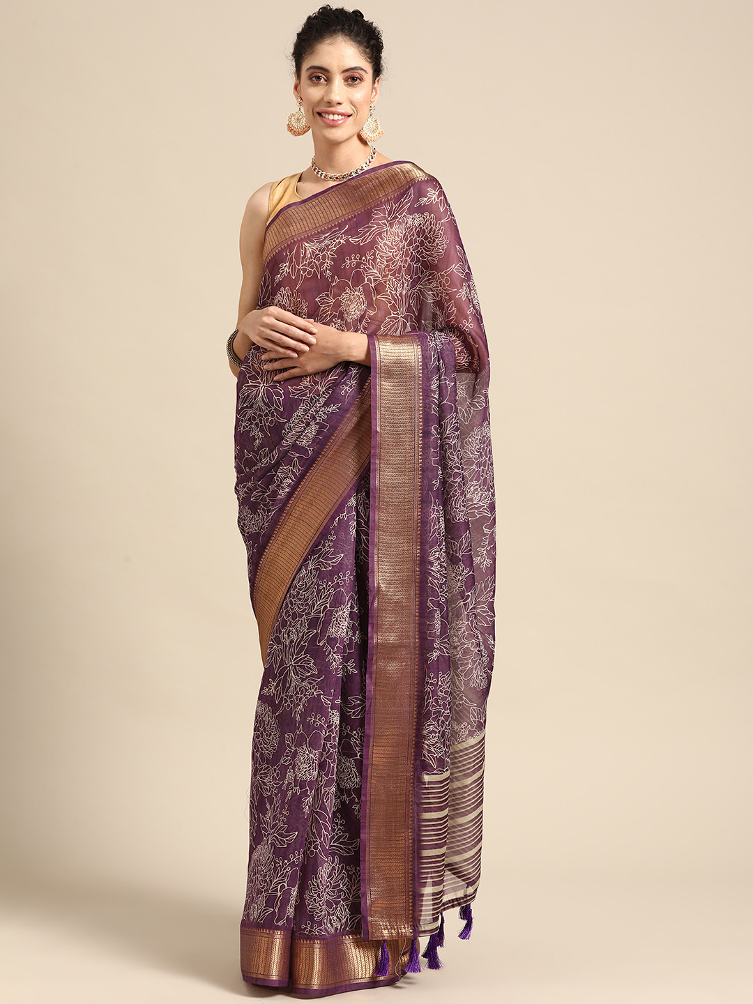 

Silk Land Floral Zari Silk Cotton Block Print Saree, Purple