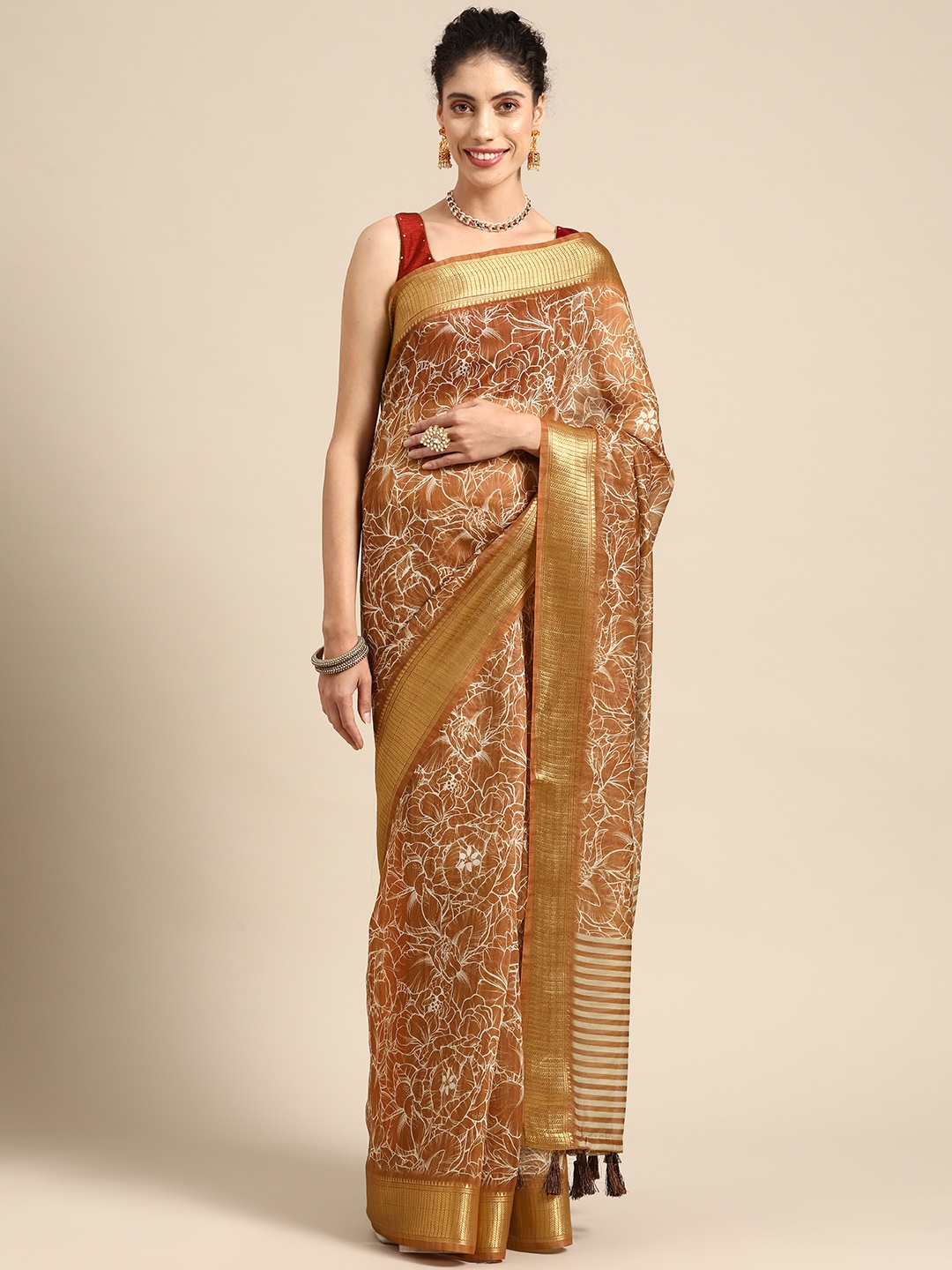 

Silk Land Floral Zari Silk Cotton Block Print Saree, Brown