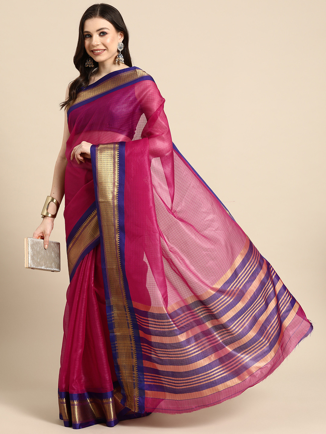

Silk Land Checked Zari Silk Blend Muga Saree, Pink