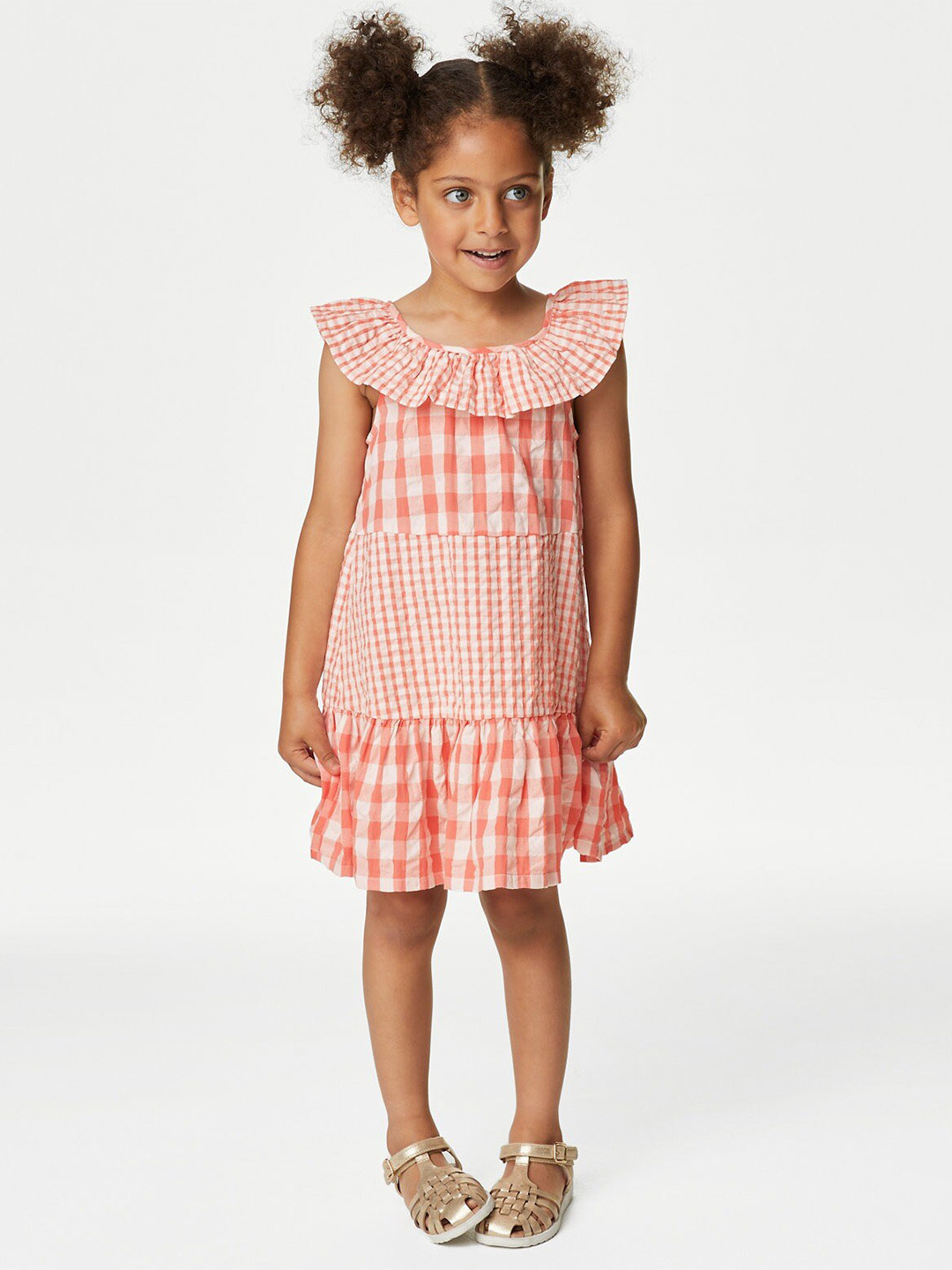 

Marks & Spencer Girls Checked Round Neck Ruffles Detailed Pure Cotton Drop-Waist Dress, Coral
