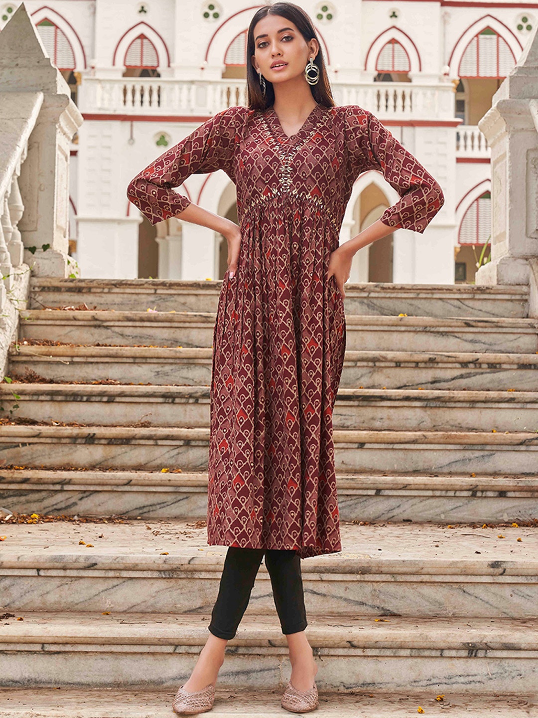 

Tikhi Imli Maroon & Beige Ethnic Motifs Printed Mirror Work Anarkali Kurta
