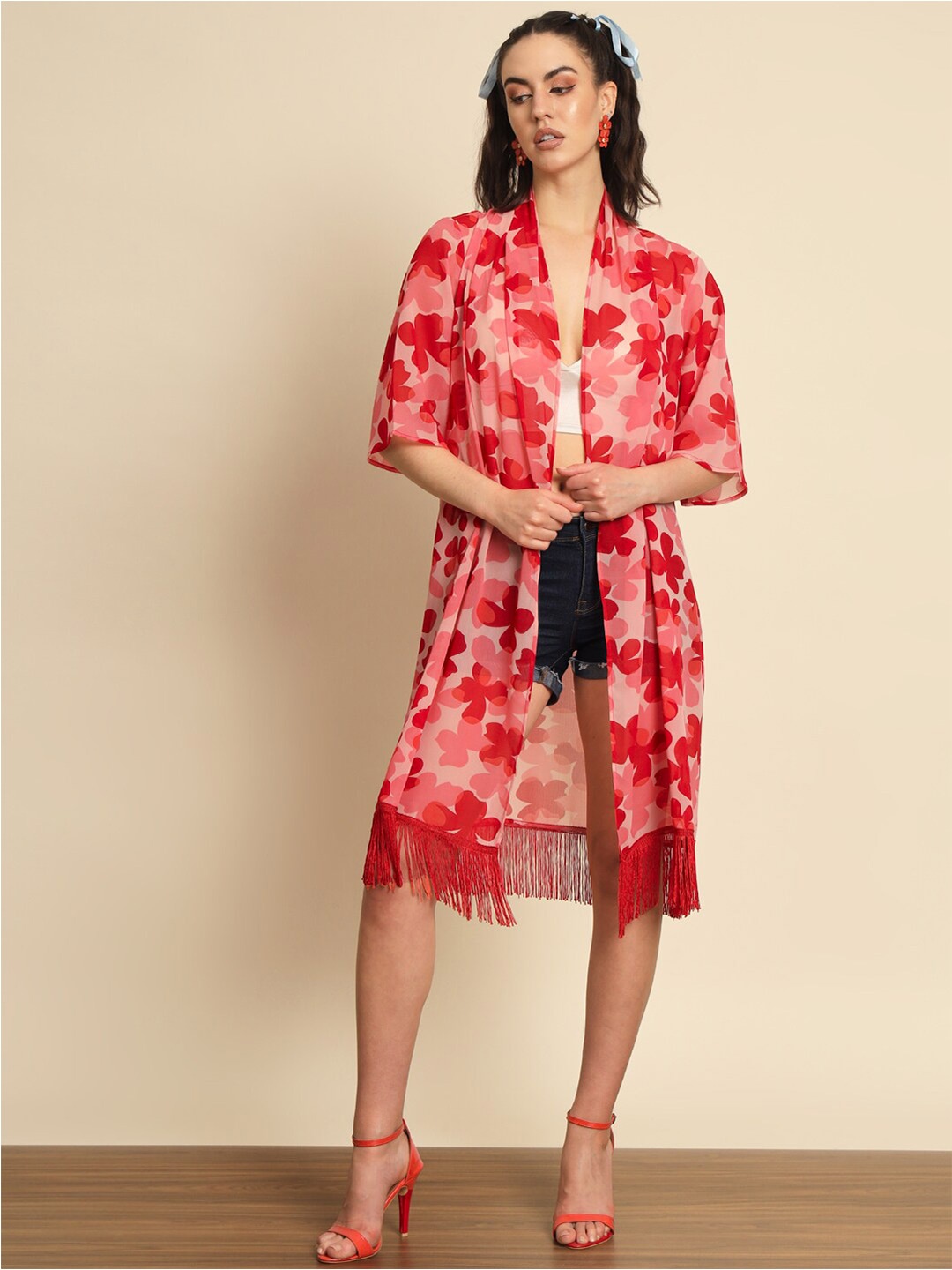 

Trend Arrest Floral Printed Longline Shrug, Pink