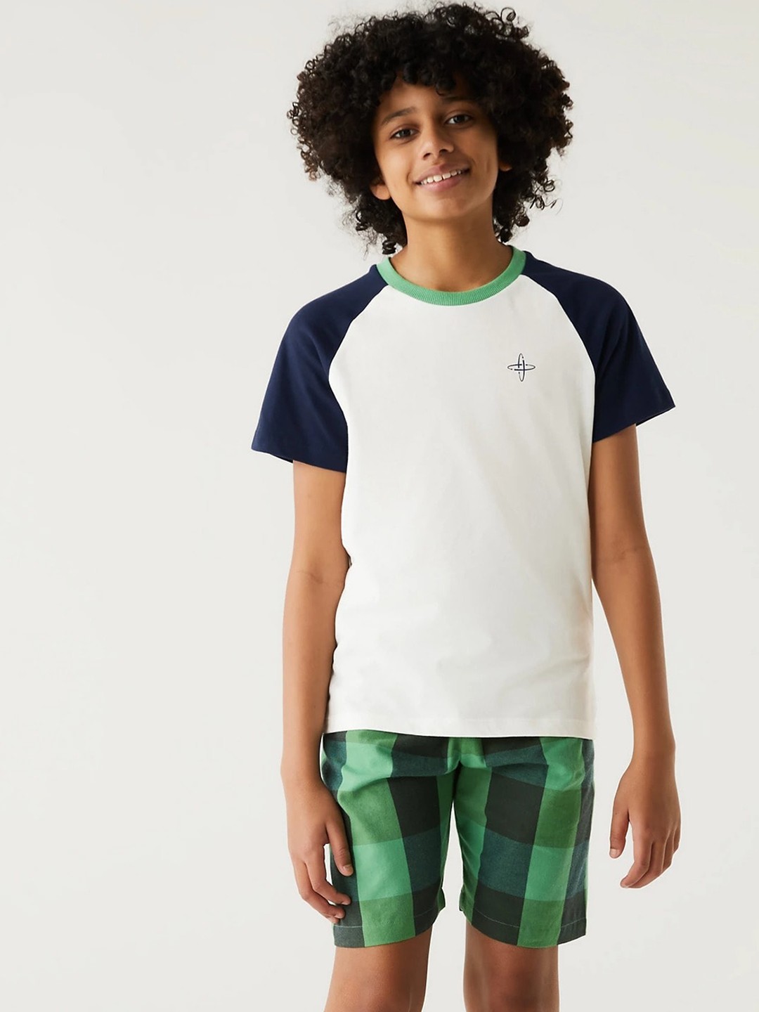 

Marks & Spencer Boys Pack Of 2 Checked Pure Cotton T-Shirt With Shorts, White