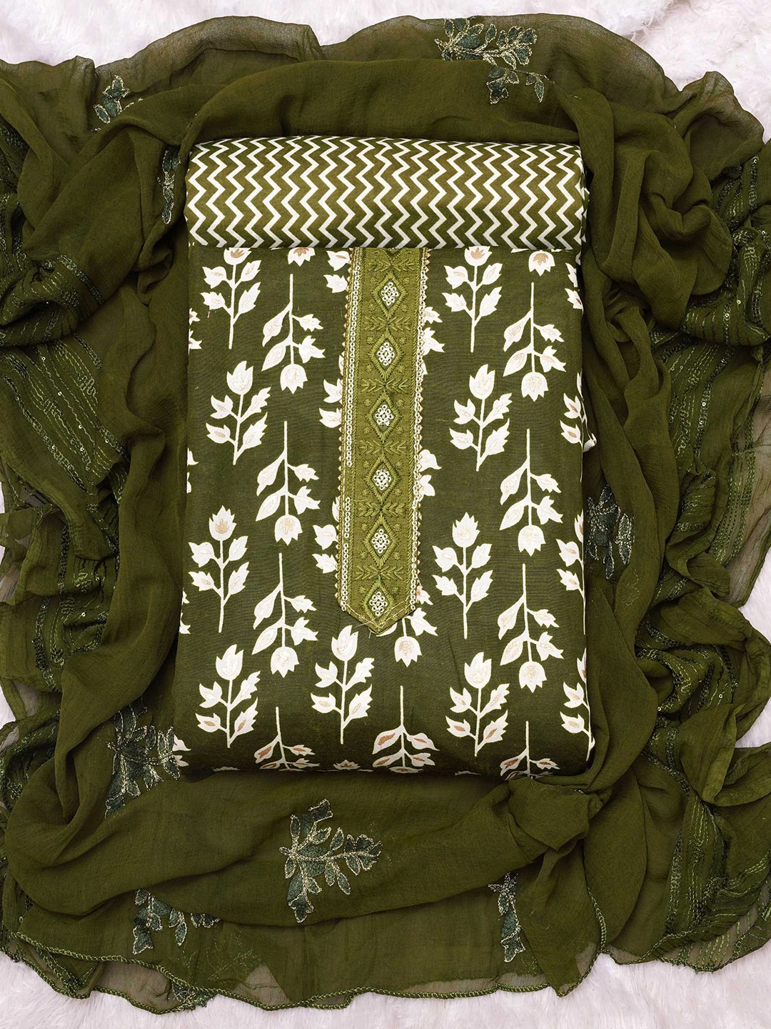 

KALINI Printed Art Silk Unstitched Dress Material, Green