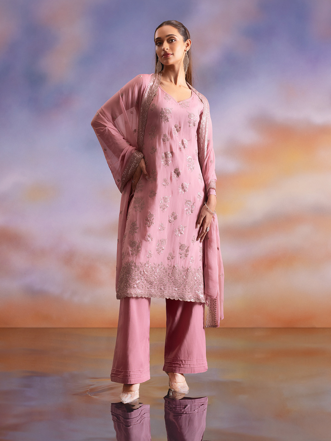 

Soch Pink Embellished Sequinned Organza Unstitched Dress Material
