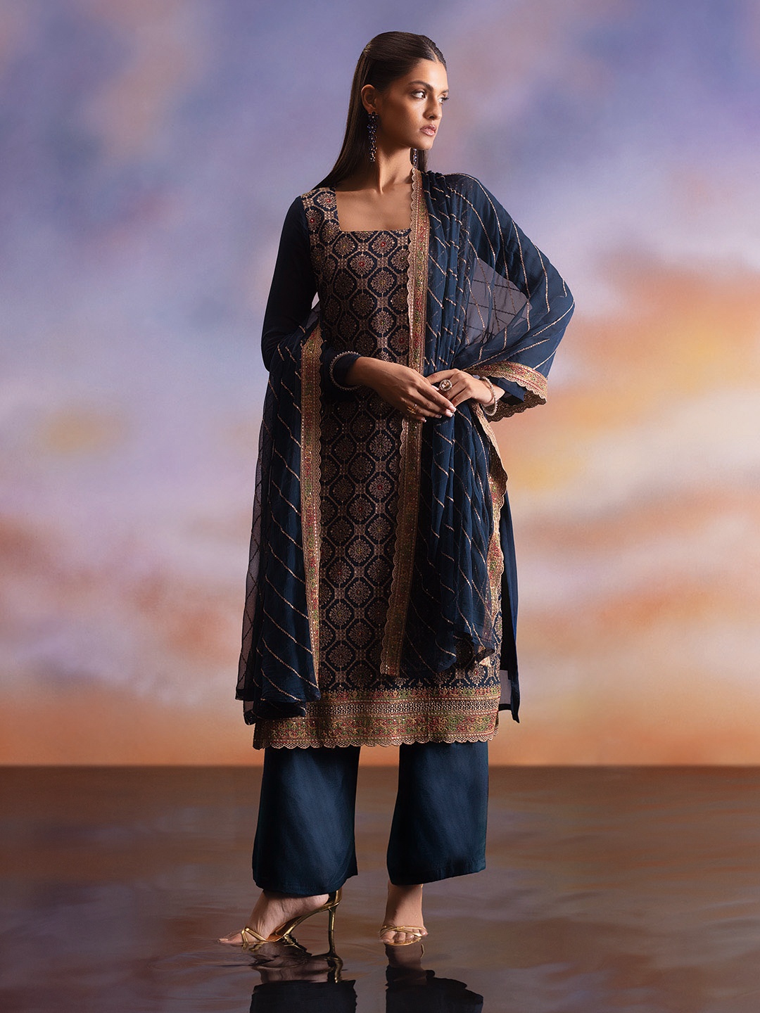

Soch Pink Embellished Sequinned Georgette Unstitched Dress Material, Navy blue