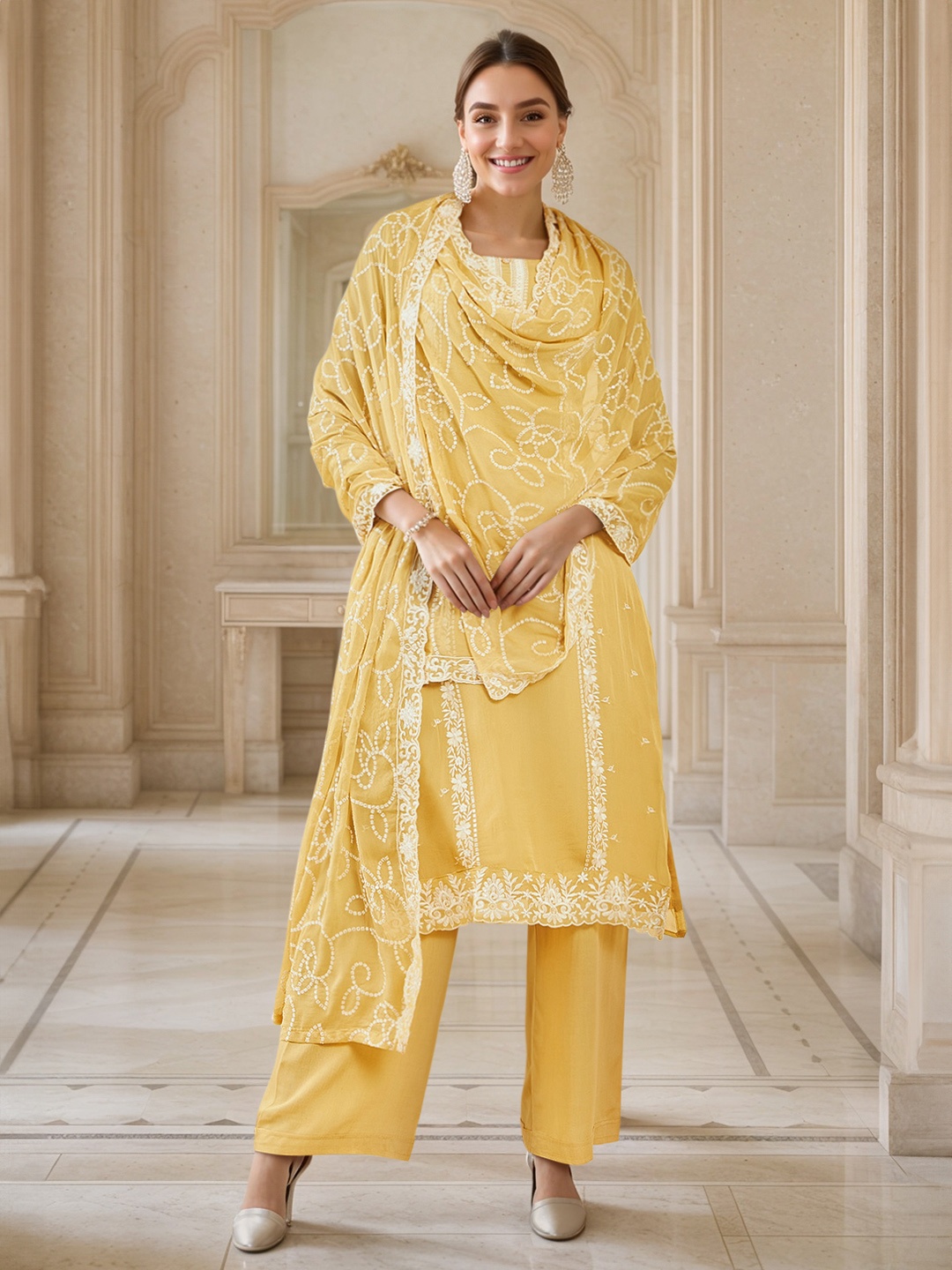 

Soch Floral Embroidered Organza Unstitched Dress Material, Yellow