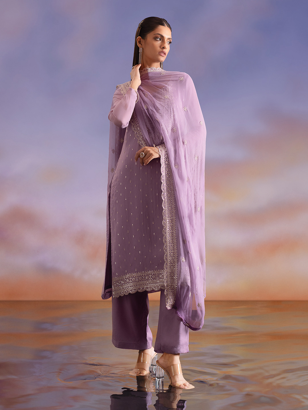 

Soch Floral Embroidered Organza Unstitched Dress Material, Purple