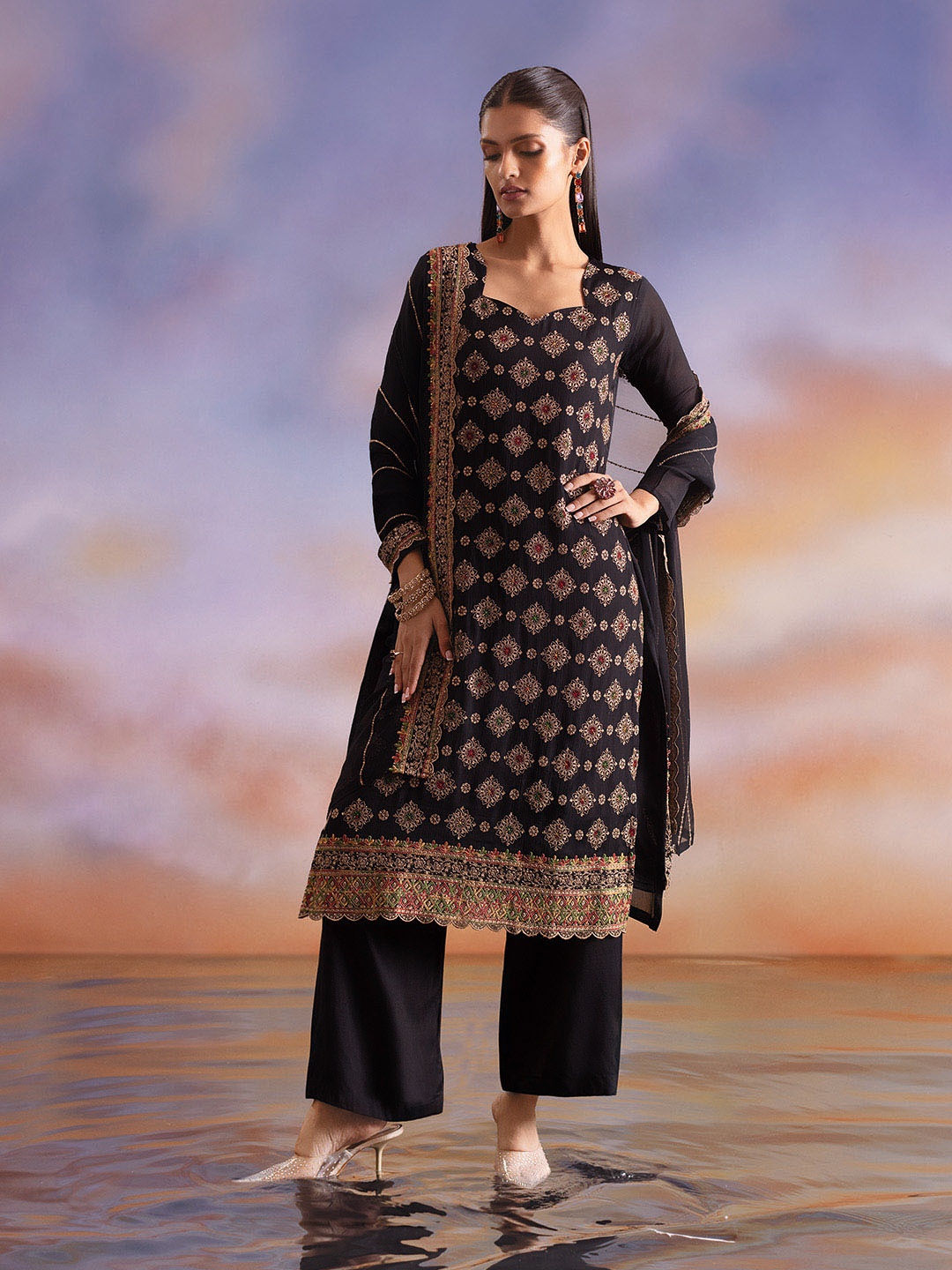 

Soch Pink Embellished Sequinned Organza Unstitched Dress Material, Black
