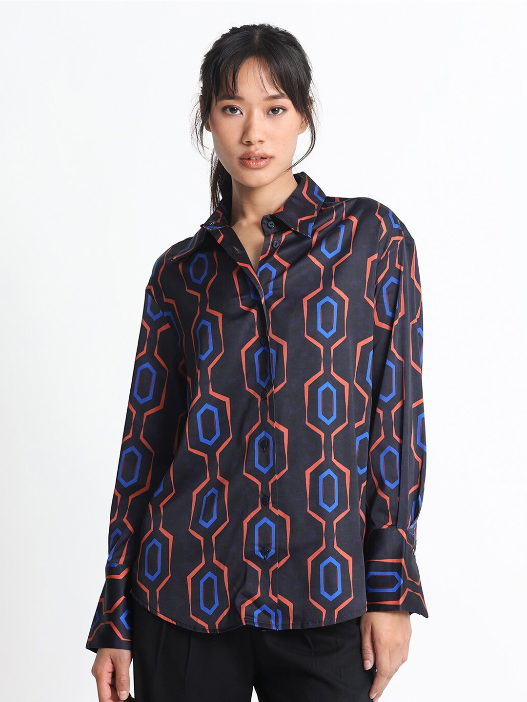 

RAREISM Geometric Print Satin Shirt, Black