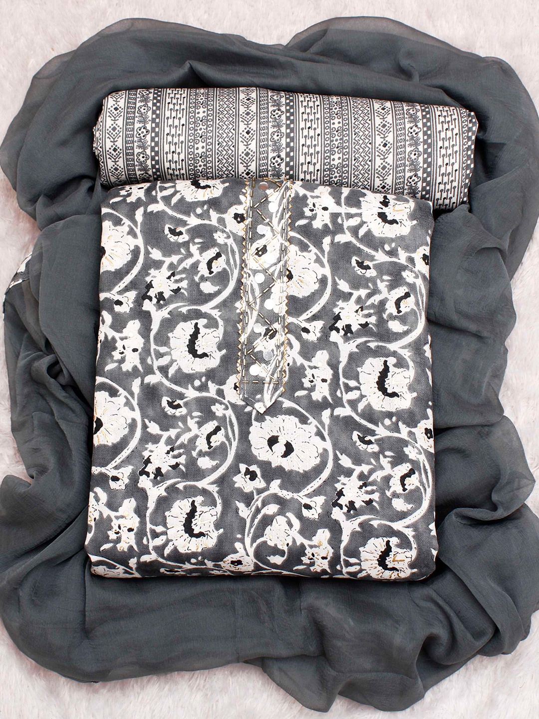 

KALINI Printed Art Silk Unstitched Dress Material, Grey