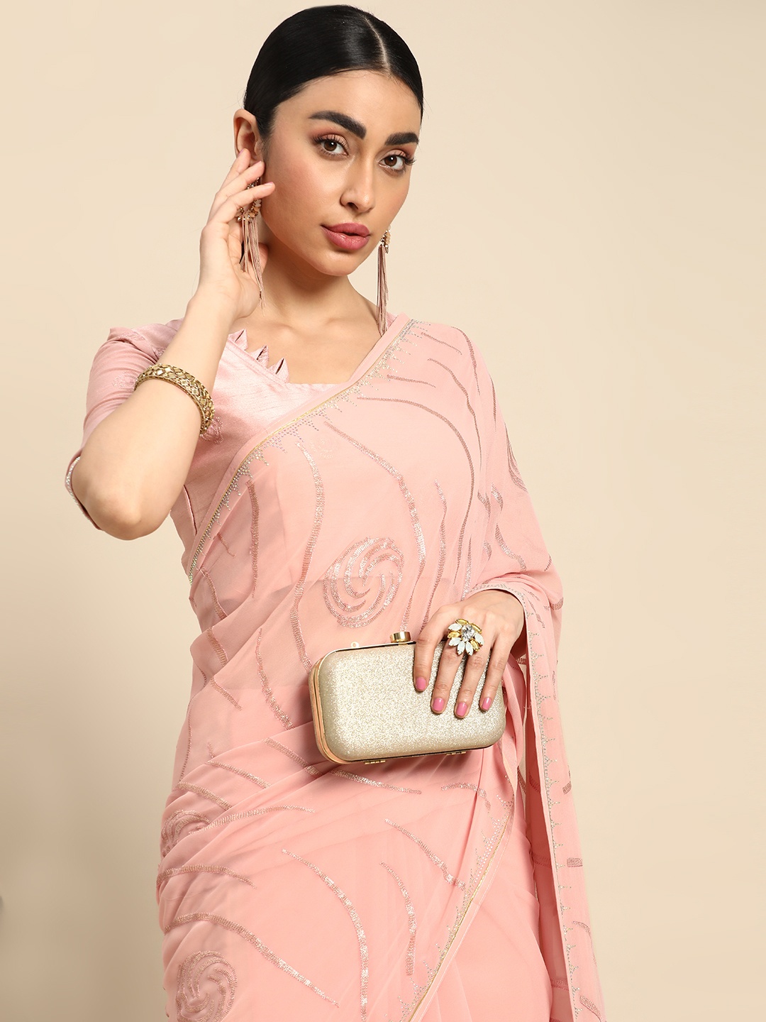

Mitera Embellished Stones-Studded Pure Georgette Saree, Rose