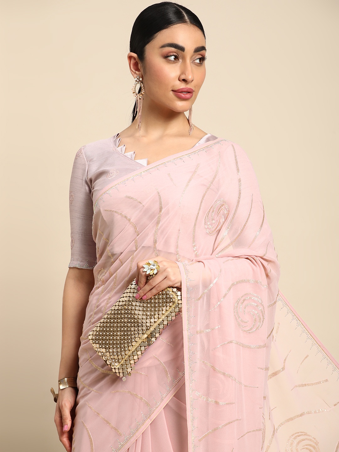 

Mitera Embellished Stones-Studded Pure Georgette Saree, Pink