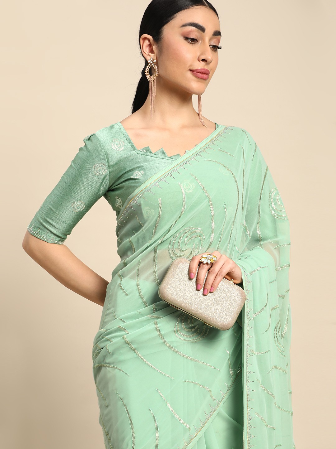 

Mitera Embellished Stones-Studded Pure Georgette Saree, Teal