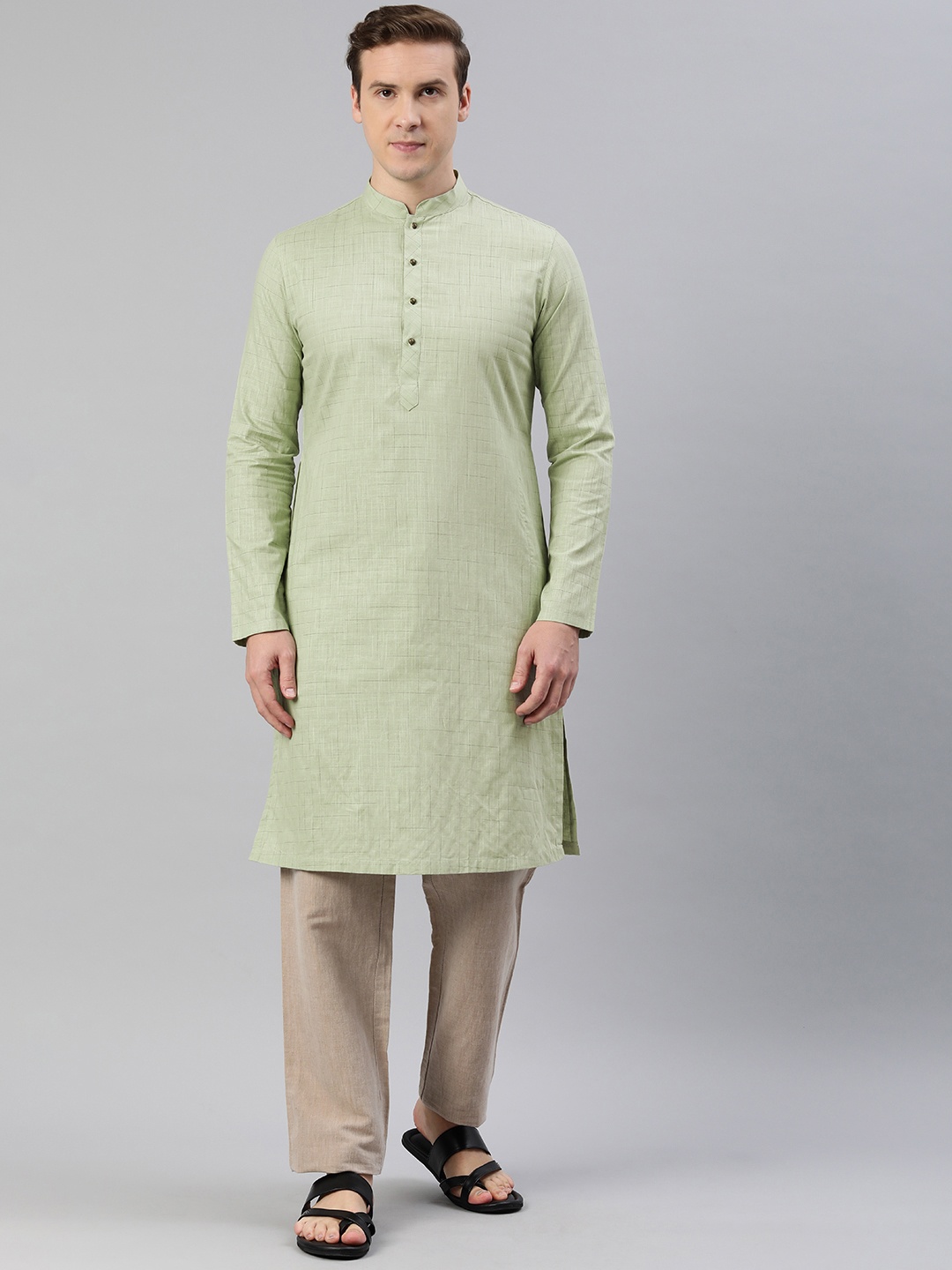 

Manthan Men Woven Design Mandarin Collar Kurta, Green