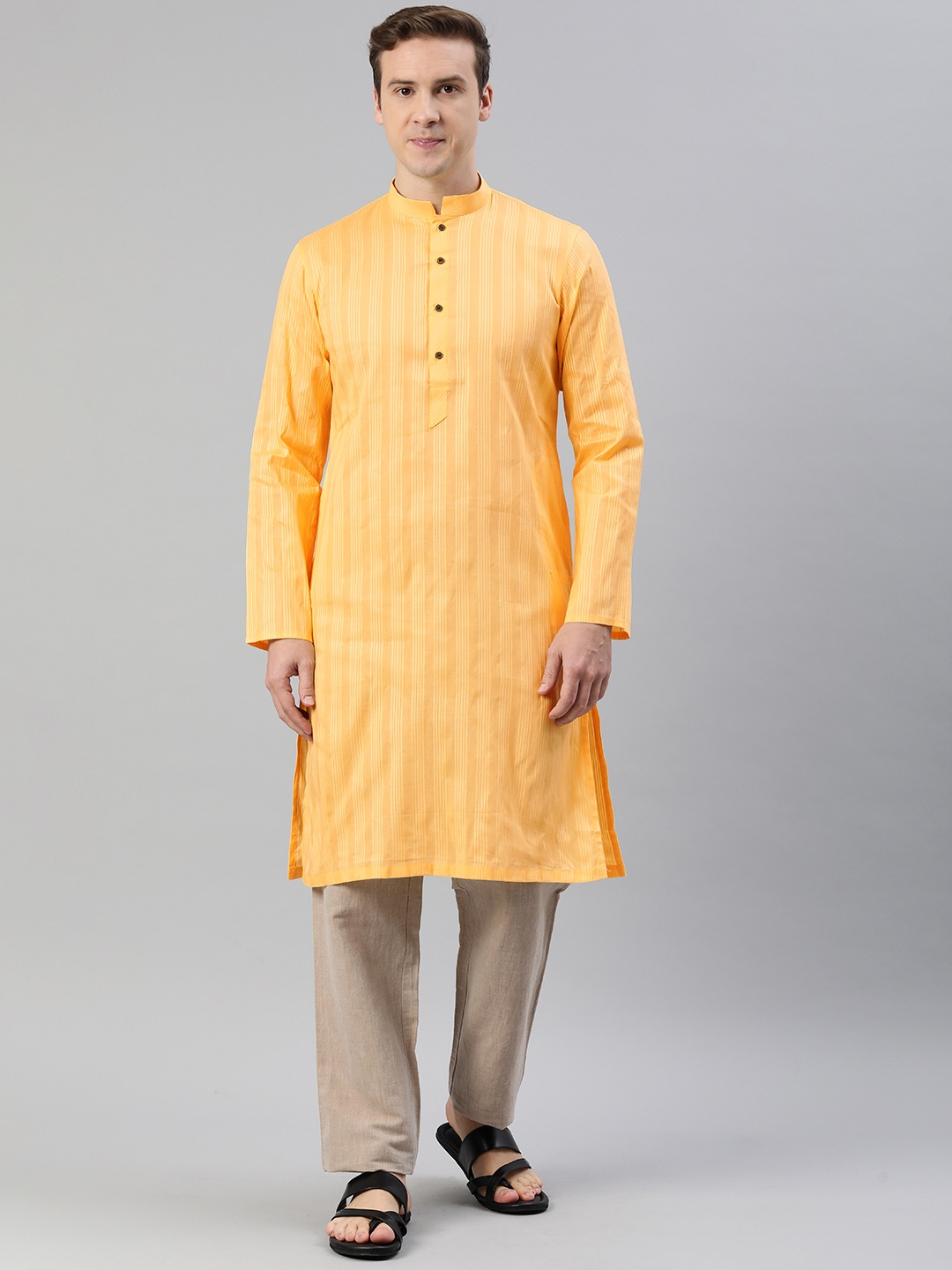 

Manthan Men Striped Mandarin Collar Kurta, Yellow