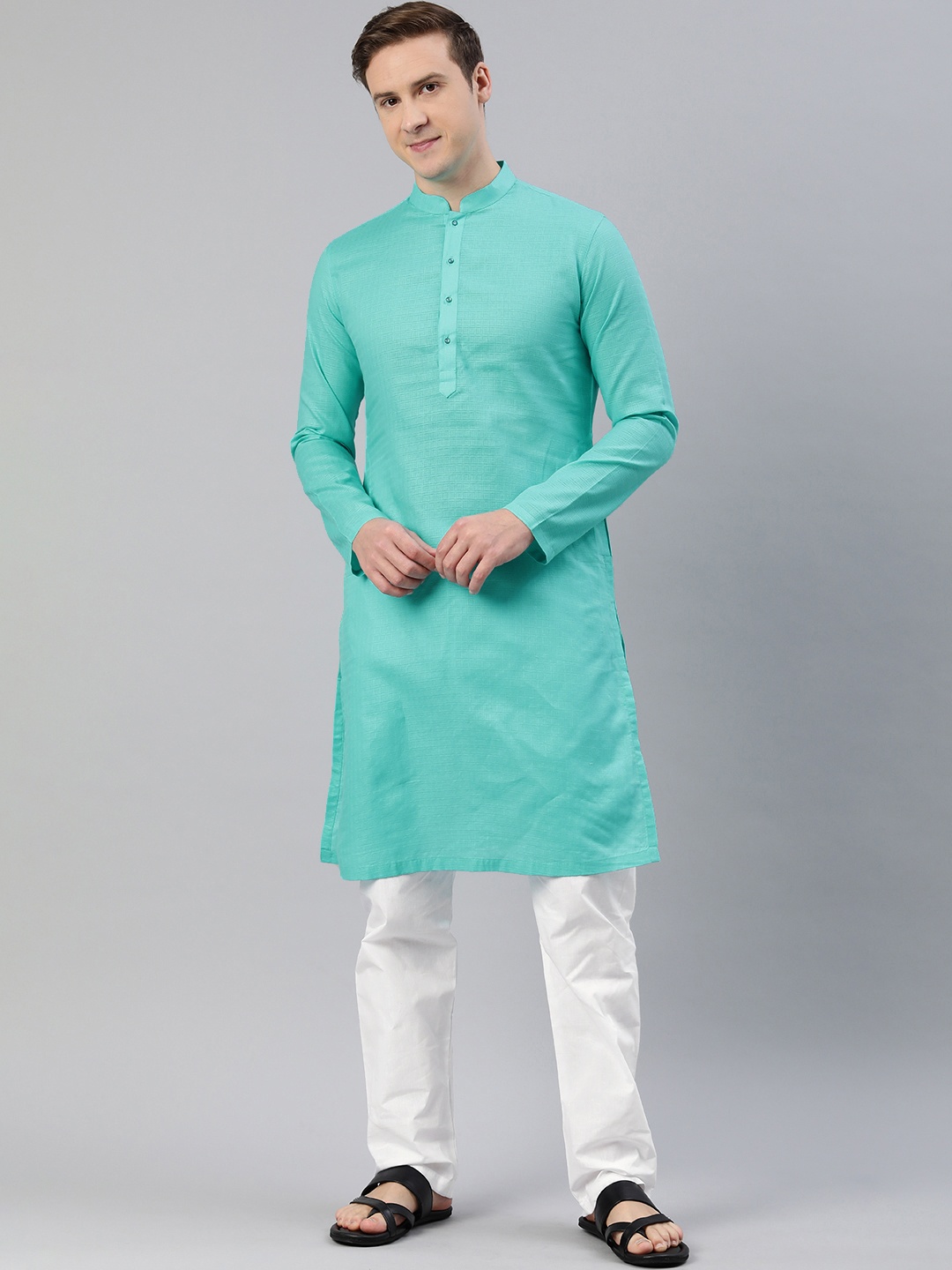 

Manthan Men Mandarin Collar Regular Kurta with Pyjamas, Turquoise blue