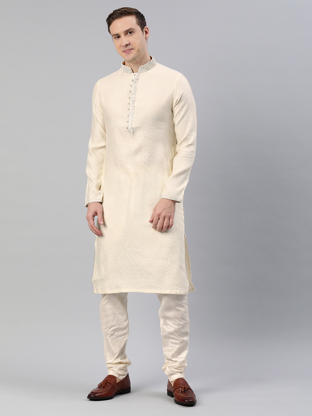 

Manthan Men Ethnic Motifs Kantha Work Kurta with Pyjamas, Cream