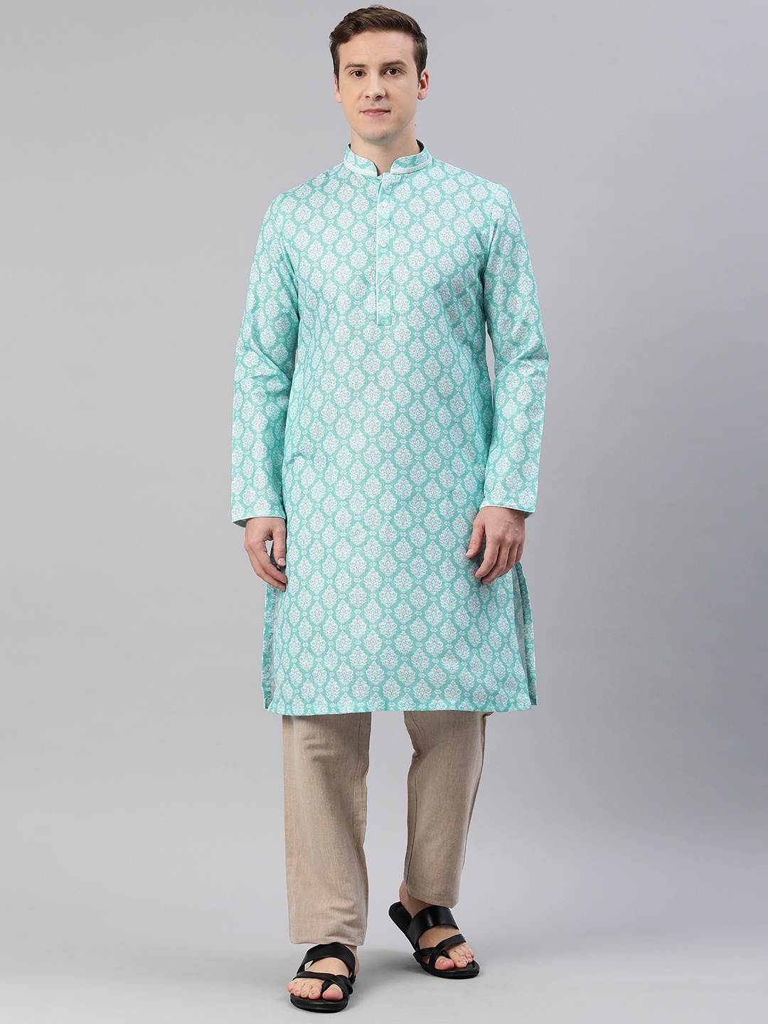 

Manthan Men Ethnic Motifs Printed Mandarin Collar Kurta, Turquoise blue