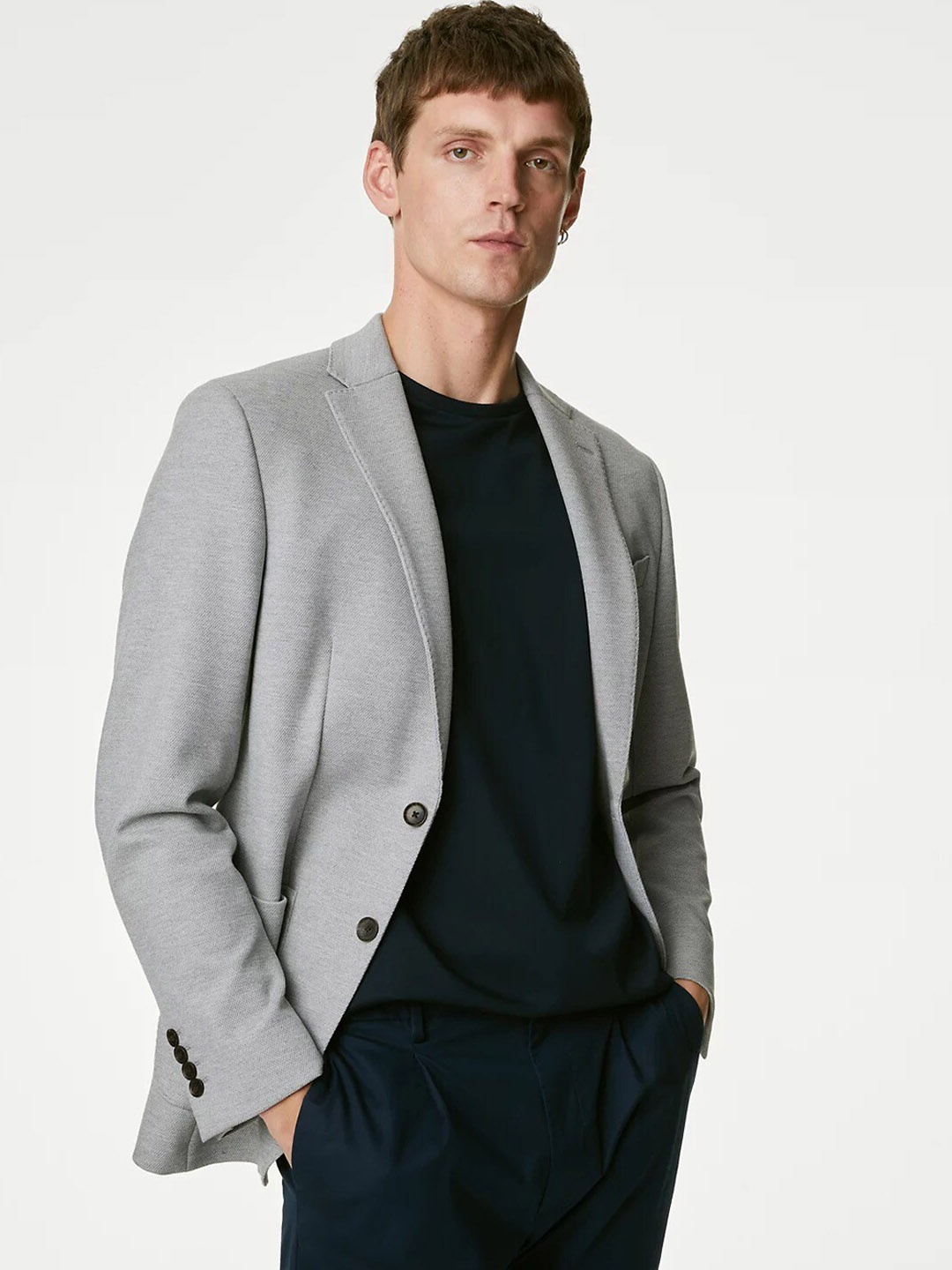 

Marks & Spencer Notched Lapel Self Design Single Breasted Blazer, Grey