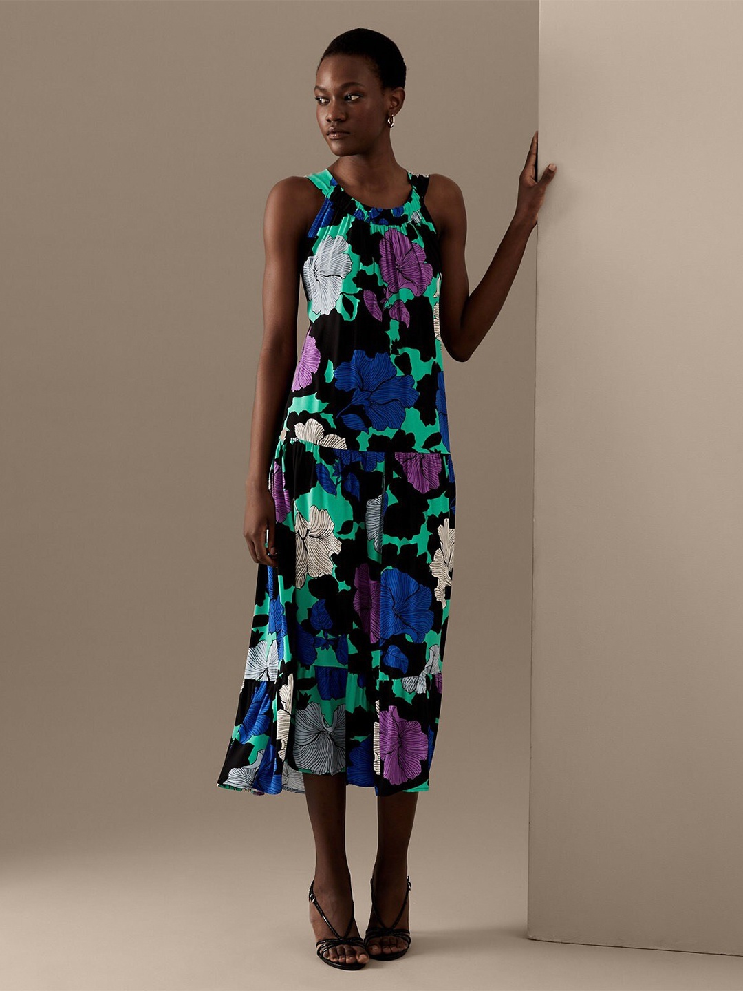 

Marks & Spencer Floral Printed Shoulder Strap A-Line Midi Dress, Black