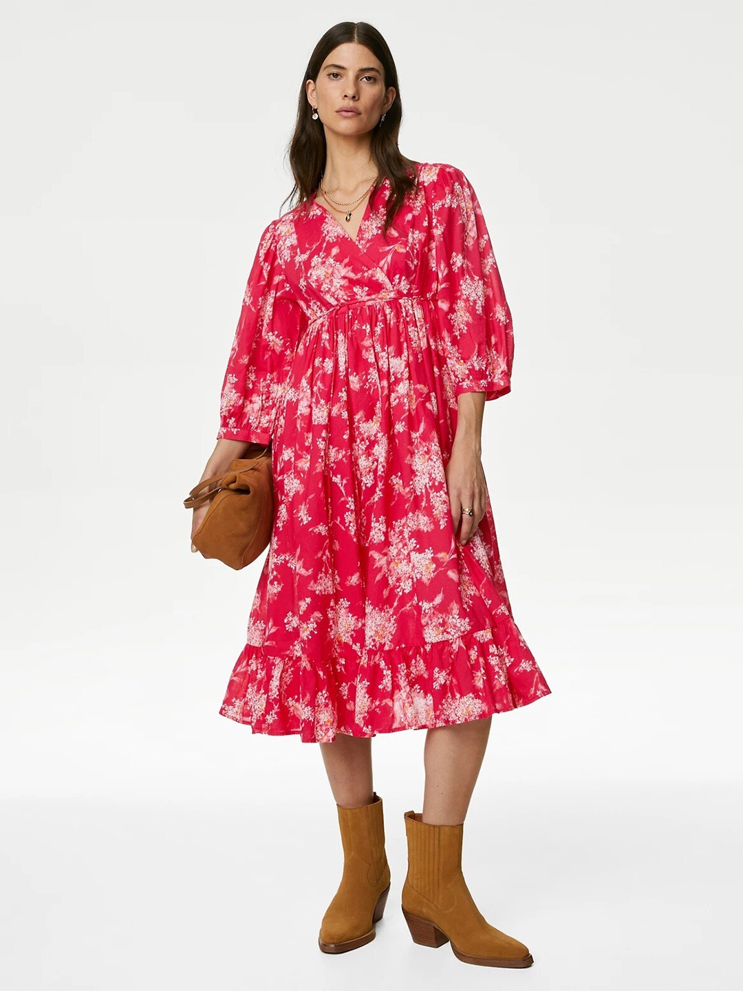 

Marks & Spencer Floral Printed Puff Sleeves Gathered Cotton Fit & Flare Dress, Pink