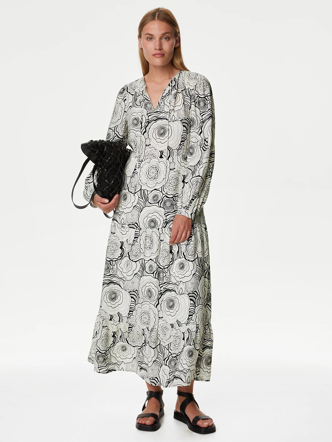 

Marks & Spencer Floral Printed Tie-Up Neck Gathered A-Line Midi Dress, White