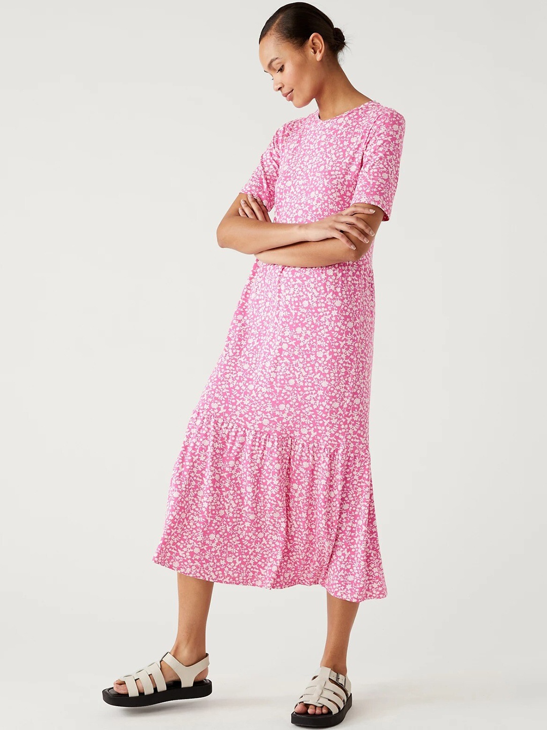 

Marks & Spencer Floral Printed Round Neck Flounce Hem A-Line Midi Dress, Pink