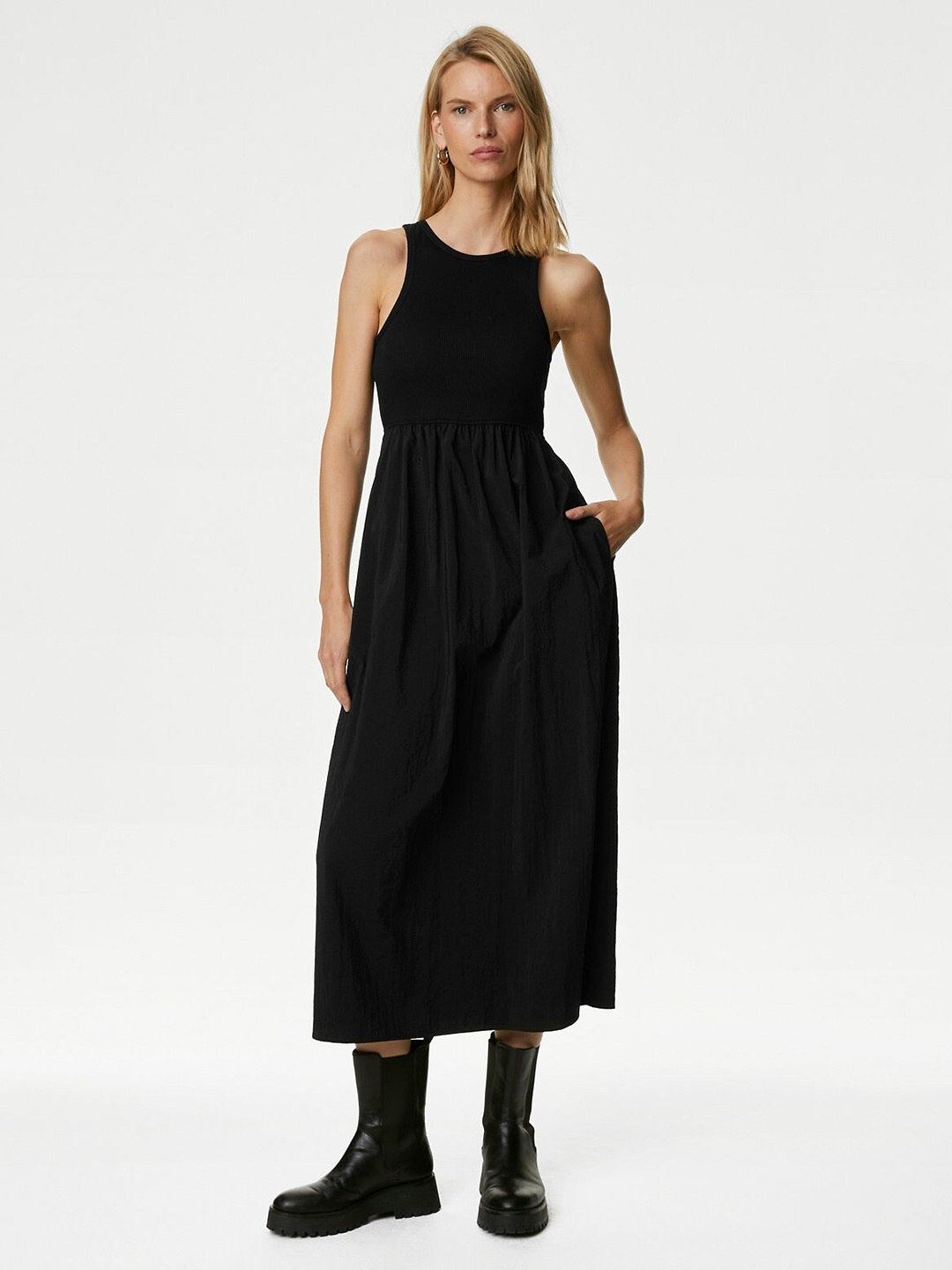 

Marks & Spencer Round Neck Sleeveless Gathered A-Line Midi Dress, Black