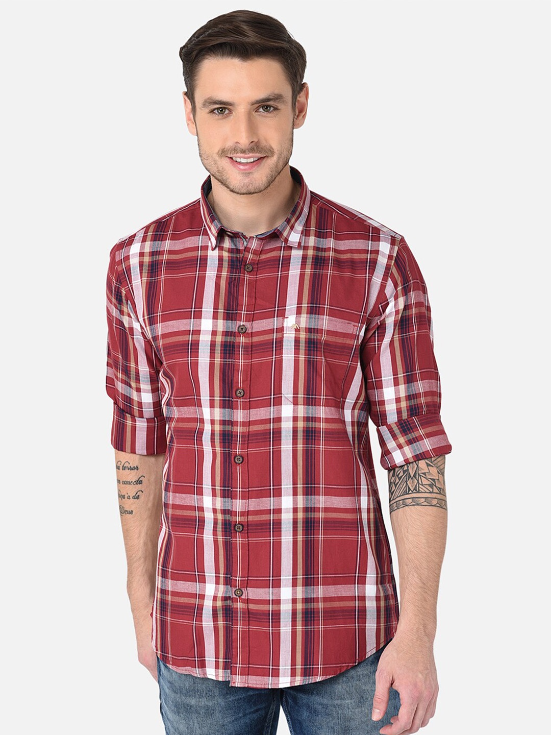 

MOZZO Classic Slim Fit Tartan Checked Cotton Casual Shirt, Red