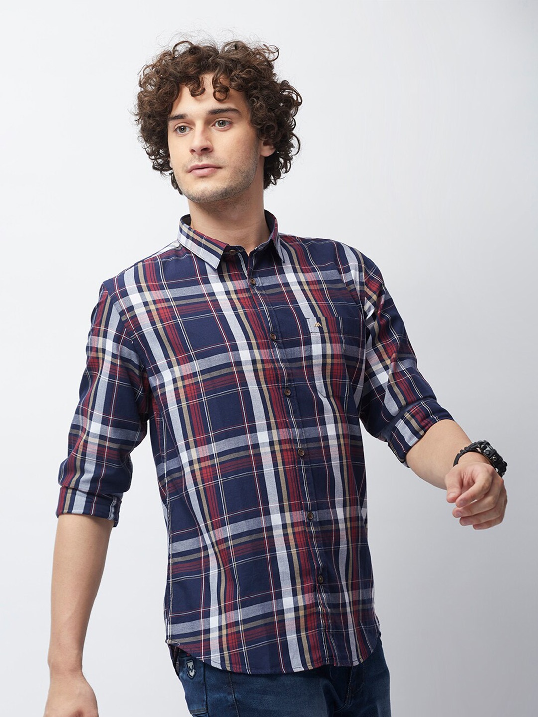 

MOZZO Classic Slim Fit Tartan Checked Cotton Casual Shirt, Navy blue