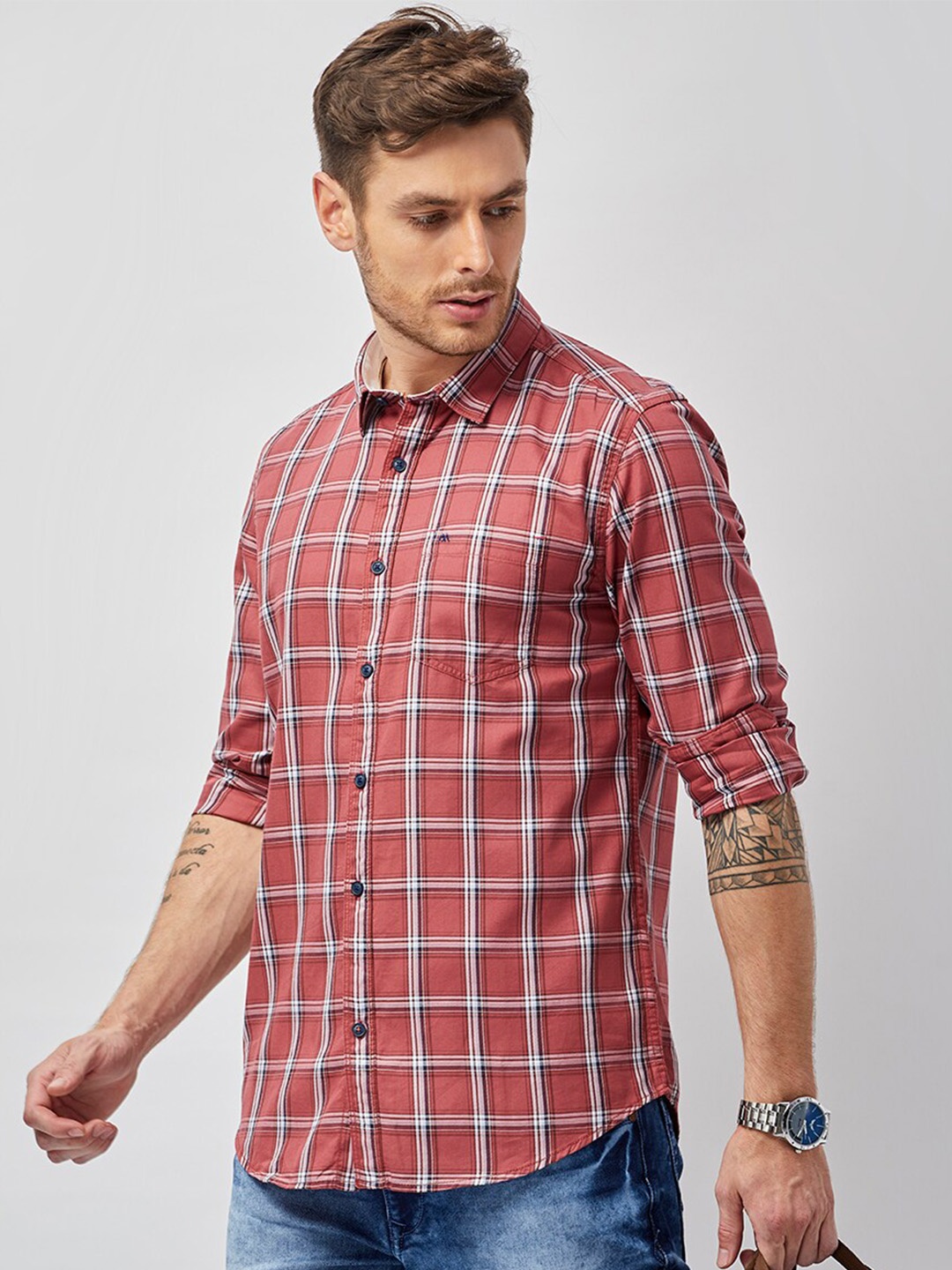 

MOZZO Classic Slim Fit Tartan Checked Cotton Casual Shirt, Red