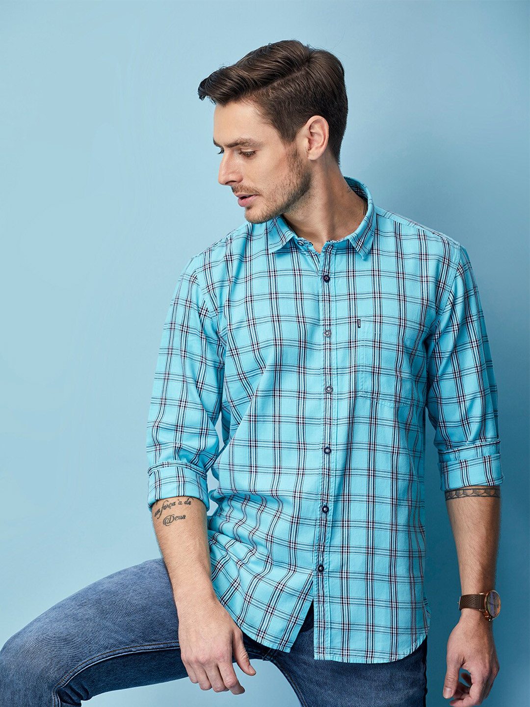 

MOZZO Classic Slim Fit Windowpane Checks Cotton Casual Shirt, Turquoise blue