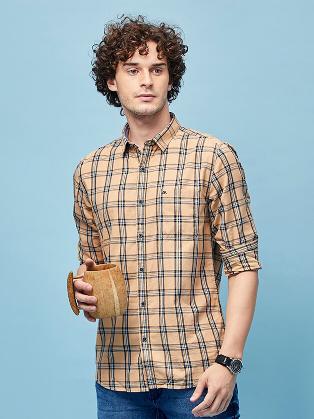 

MOZZO Classic Slim Fit Tartan Checks Cotton Casual Shirt, Khaki
