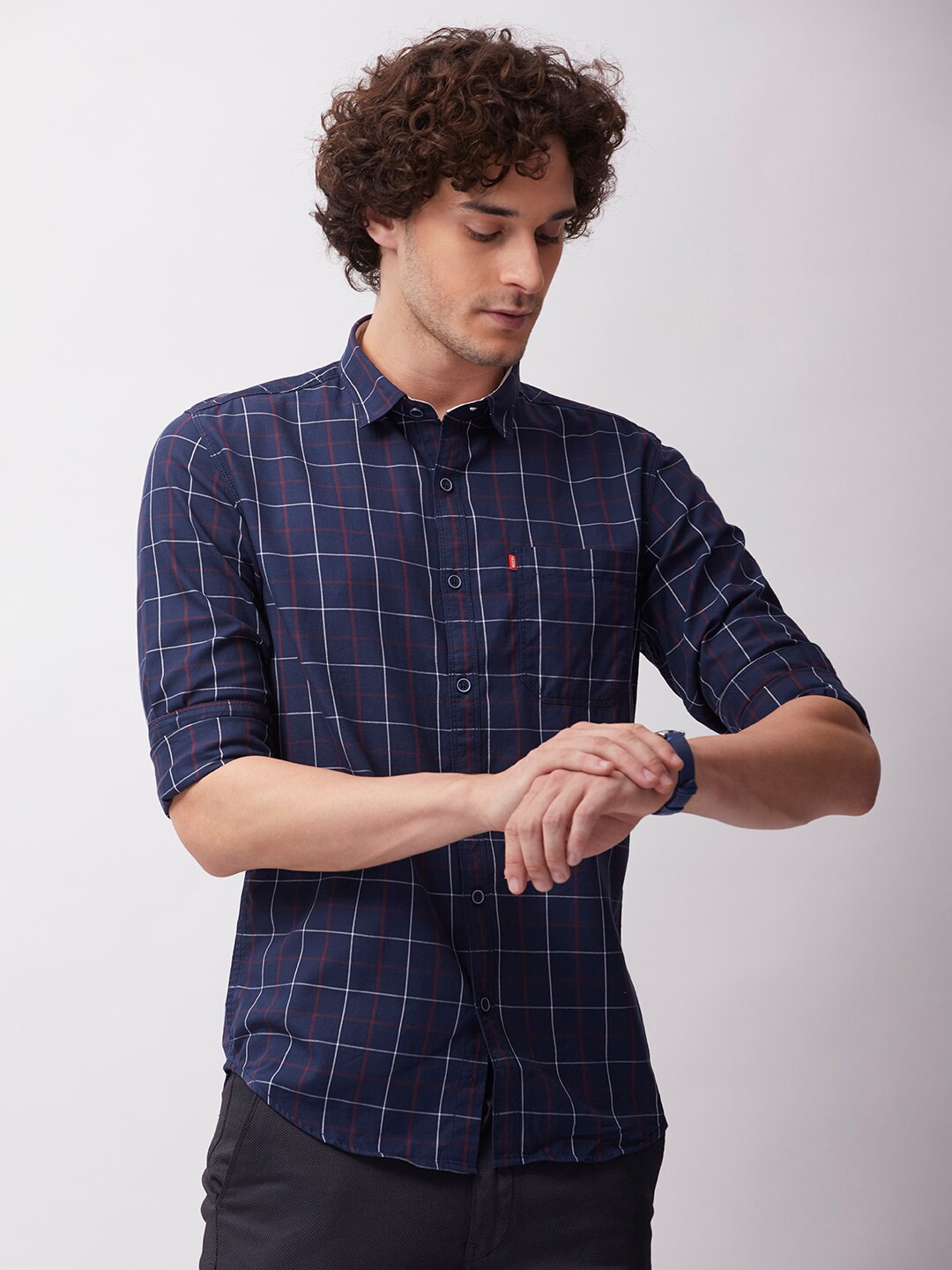 

MOZZO Classic Slim Fit Grid Tattersall Checks Cotton Casual Shirt, Navy blue