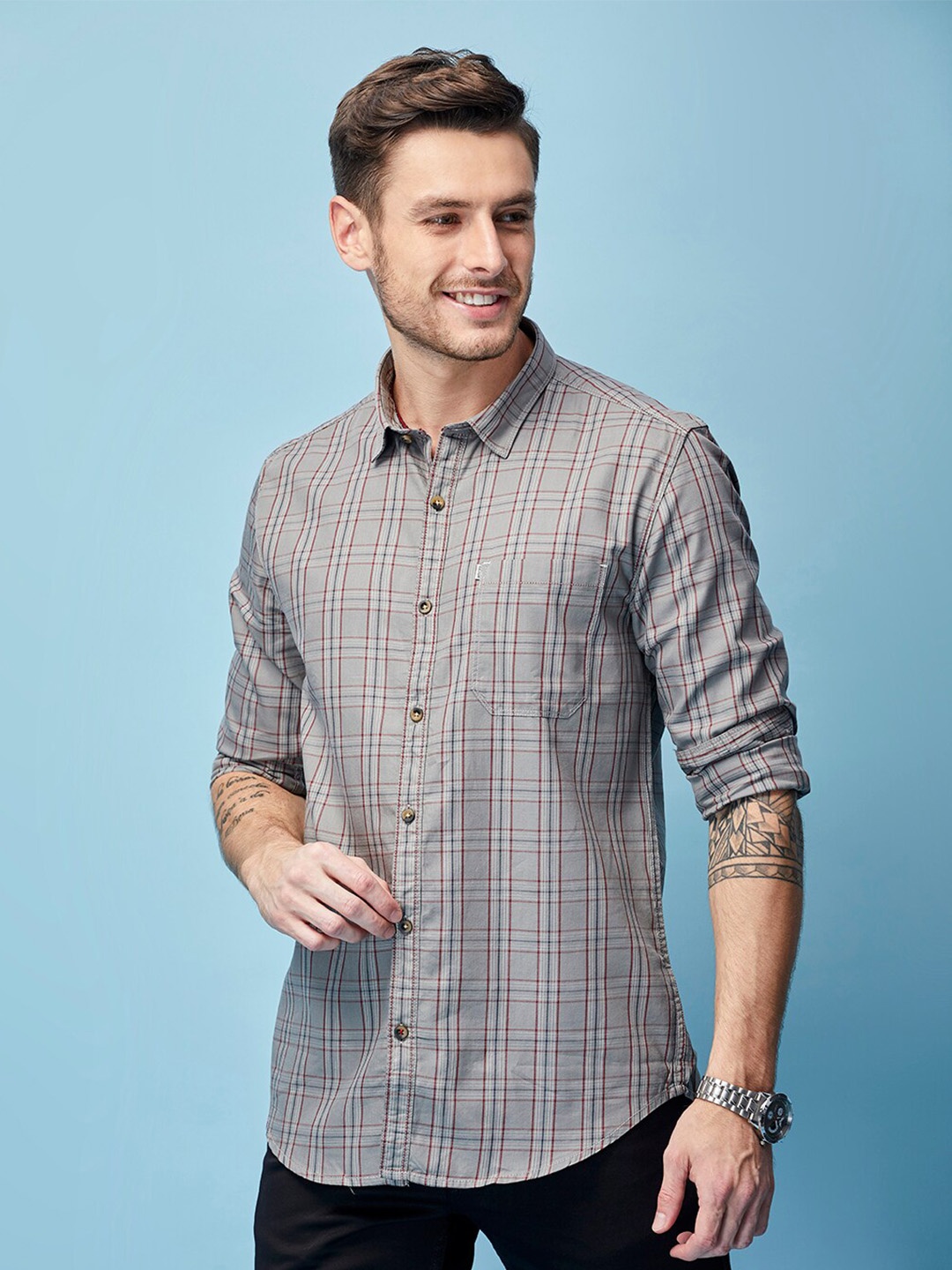 

MOZZO Classic Slim Fit Tartan Checks Cotton Casual Shirt, Grey